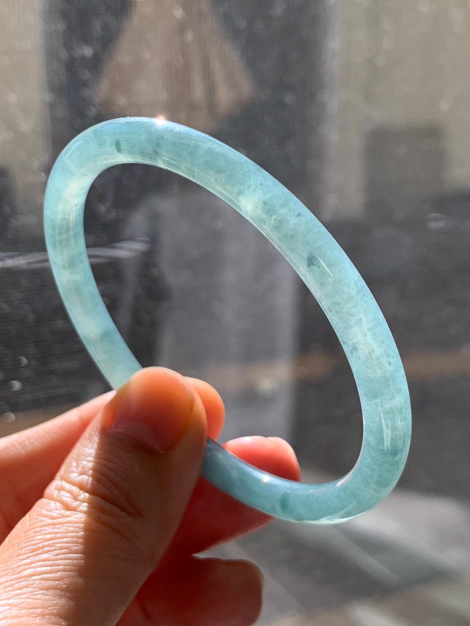 Certified Natural Grade A Guatemalan Icy Translucent Dusty Teal Blue Jade Jadeite Slim Bangle 56.33mm 6.96” 18.45g 天然冰胶危蓝绿翡翠细圆条手镯 507