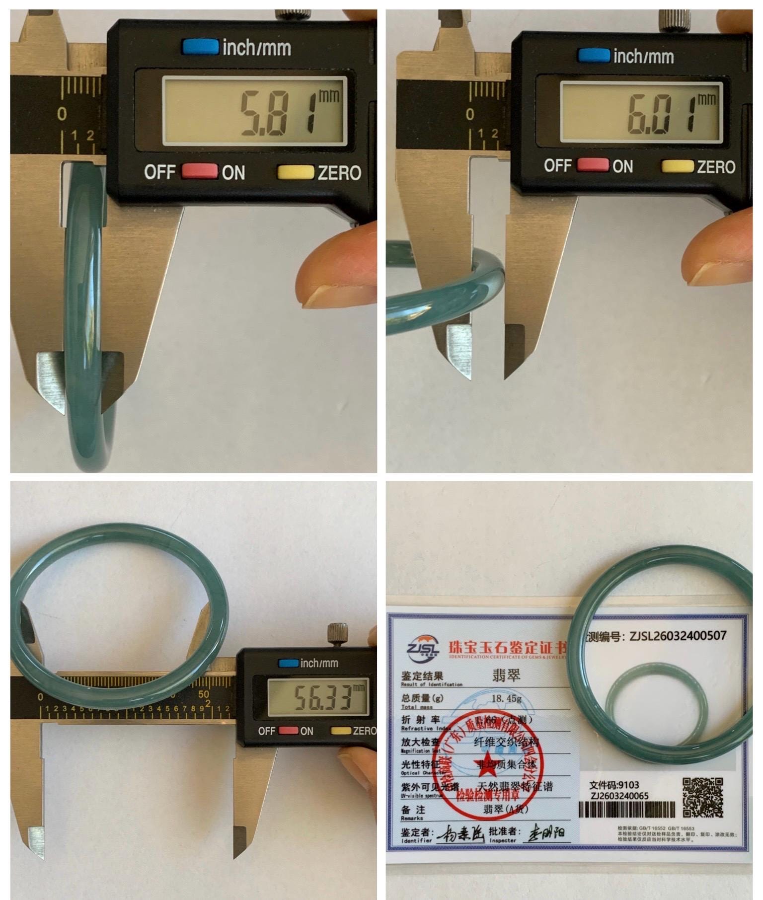 Certified Natural Grade A Guatemalan Icy Translucent Dusty Teal Blue Jade Jadeite Slim Bangle 56.33mm 6.96” 18.45g 天然冰胶危蓝绿翡翠细圆条手镯 507