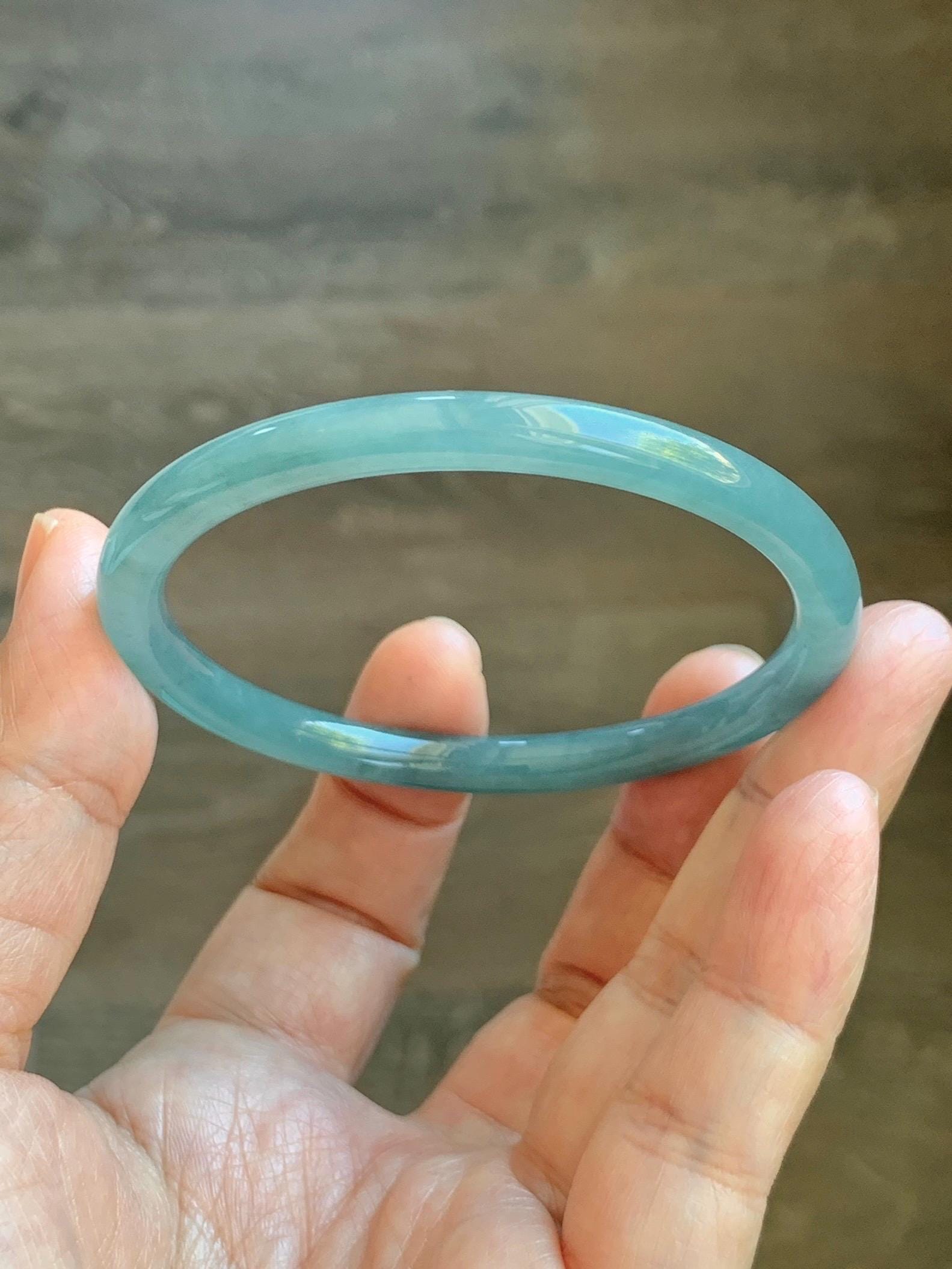Certified Natural Grade A Guatemalan Icy Translucent Dusty Teal Blue Jade Jadeite Slim Bangle 56.33mm 6.96” 18.45g 天然冰胶危蓝绿翡翠细圆条手镯 507
