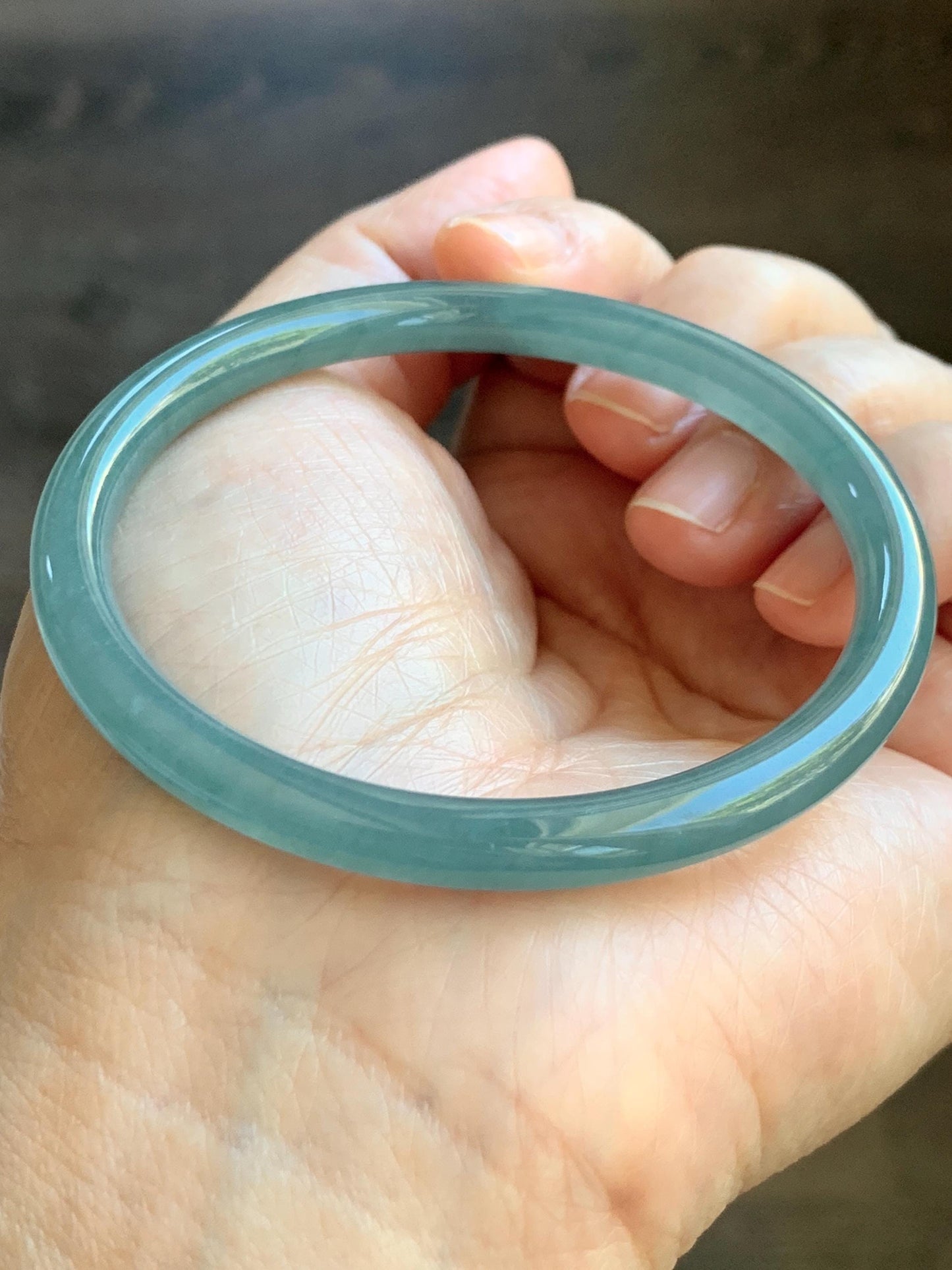 Certified Natural Grade A Guatemalan Icy Translucent Dusty Teal Blue Jade Jadeite Slim Bangle 56.33mm 6.96” 18.45g 天然冰胶危蓝绿翡翠细圆条手镯 507
