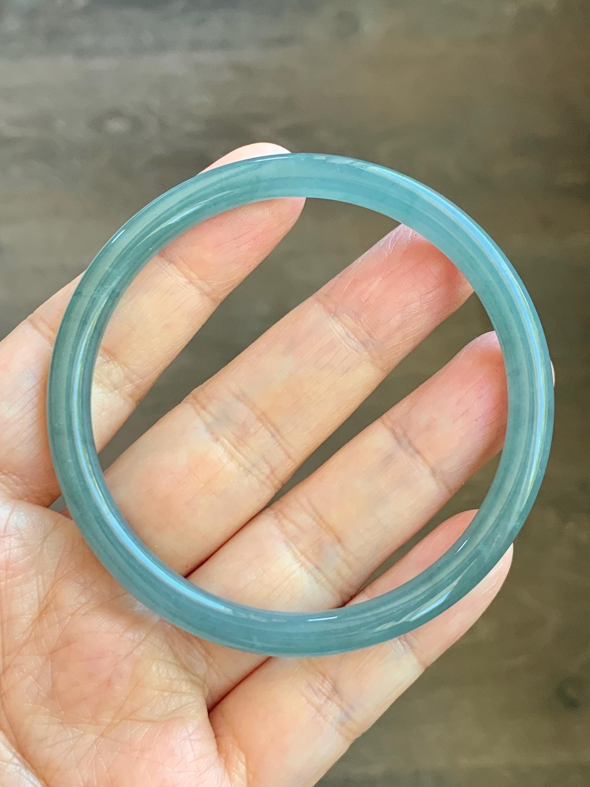 Certified Natural Grade A Guatemalan Icy Translucent Dusty Teal Blue Jade Jadeite Slim Bangle 56.33mm 6.96” 18.45g 天然冰胶危蓝绿翡翠细圆条手镯 507