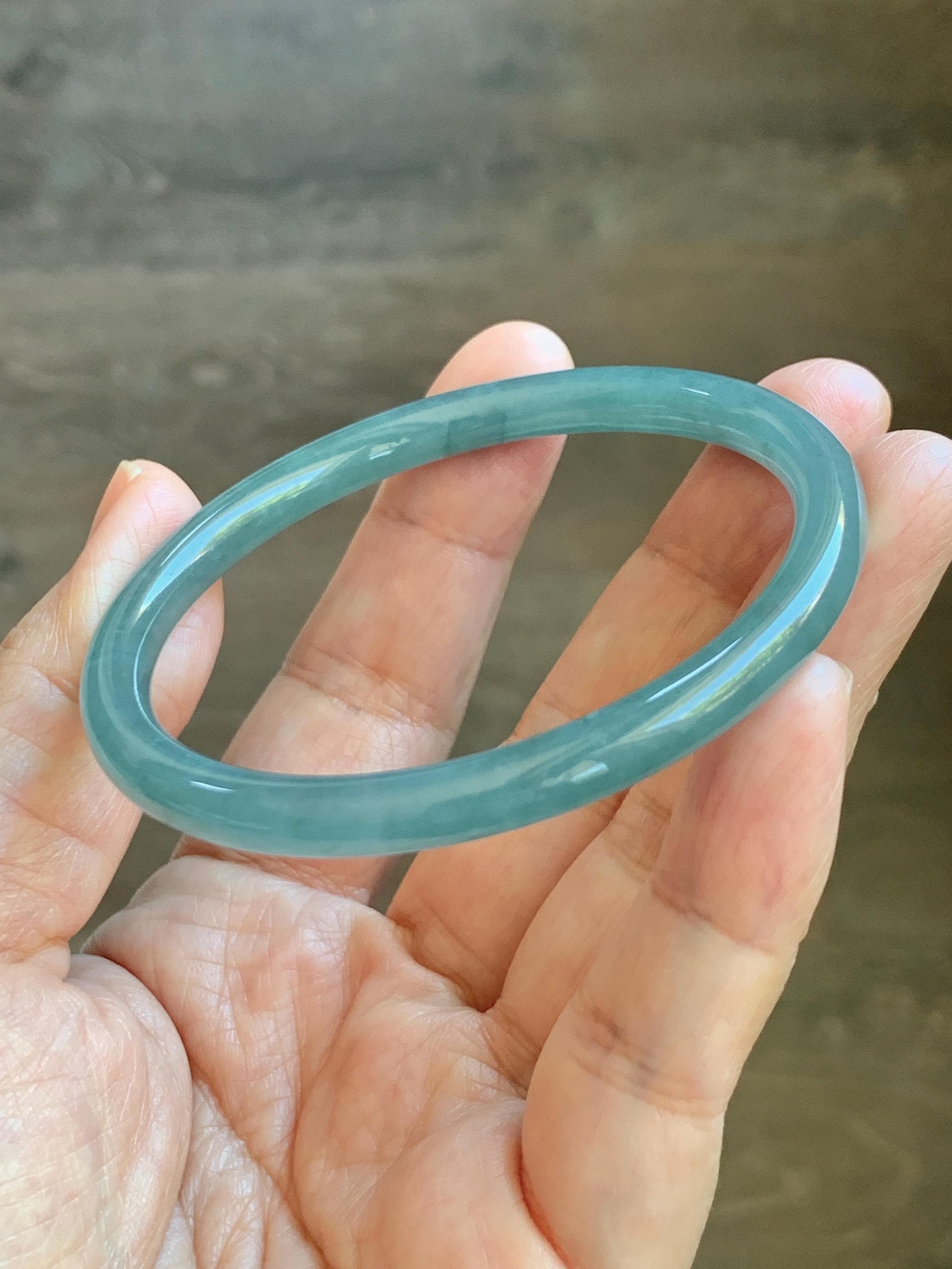 Certified Natural Grade A Guatemalan Icy Translucent Dusty Teal Blue Jade Jadeite Slim Bangle 56.33mm 6.96” 18.45g 天然冰胶危蓝绿翡翠细圆条手镯 507