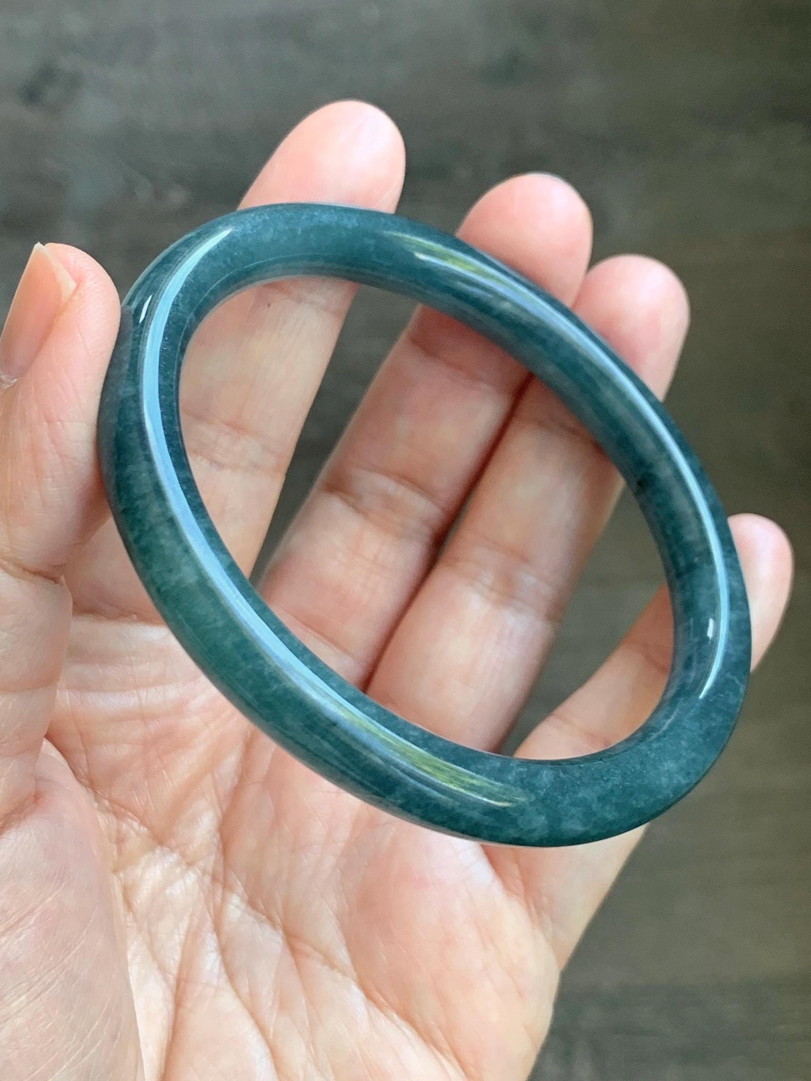 Certified Natural Grade A Guatemalan Icy Translucent Dark Aegean Blue Jade Jadeite Bangle Bracelet 58.7mm 7.26” 35g 天然危深牛仔蓝翡翠细圆条手镯 510