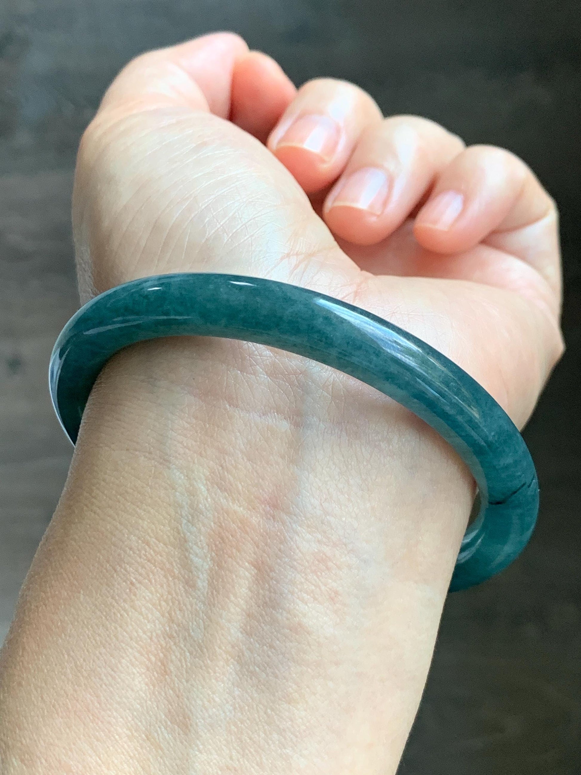 Certified Natural Grade A Guatemalan Icy Translucent Dark Aegean Blue Jade Jadeite Bangle Bracelet 58.7mm 7.26” 35g 天然危深牛仔蓝翡翠细圆条手镯 510