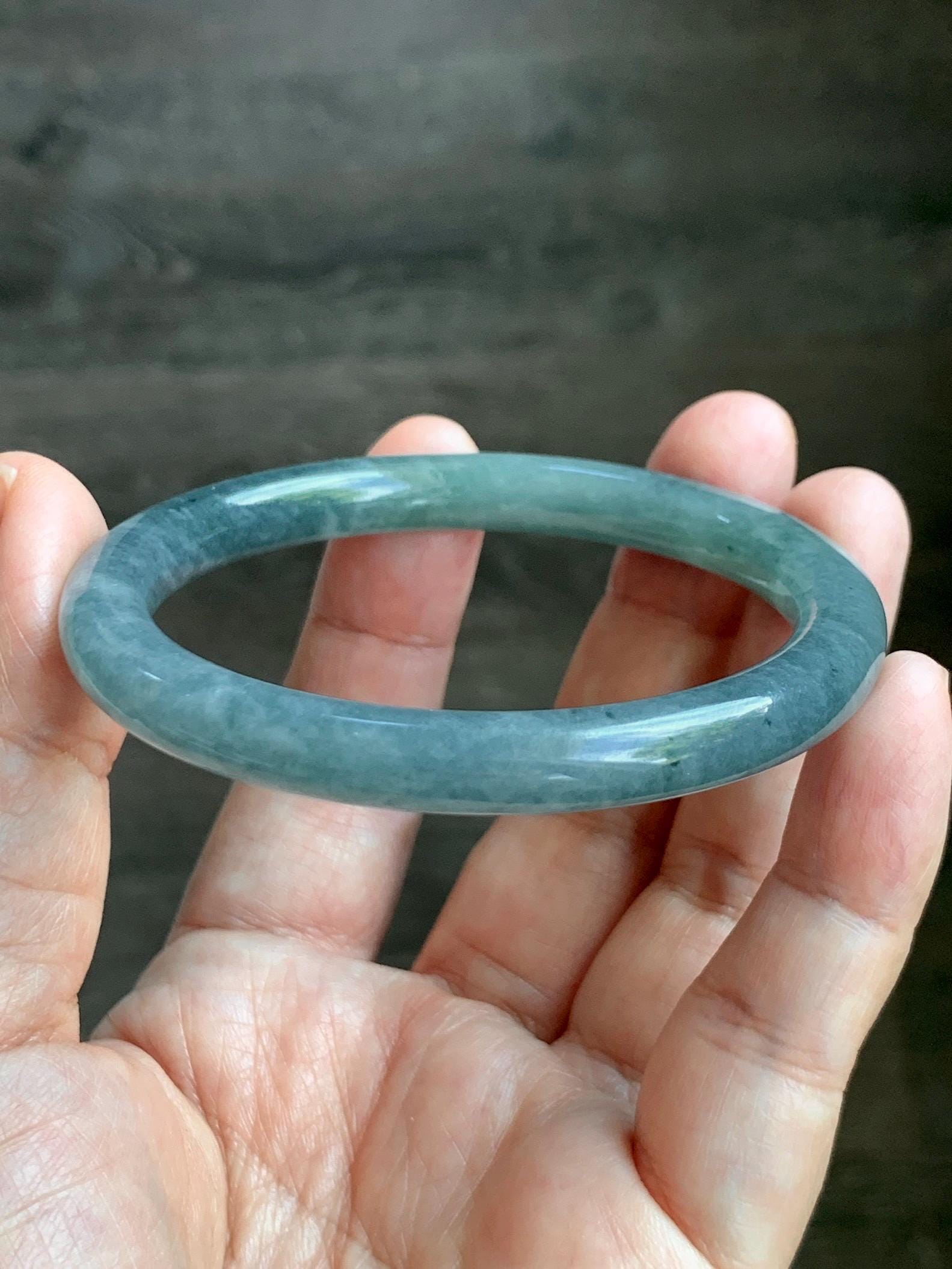 Certified Natural Grade A Guatemalan Icy Translucent Dusty Teal Marbled Jade Jadeite Bangle Bracelet 54.67mm 6.75” 31g 天然冰危蓝绿圆条翡翠手镯 519