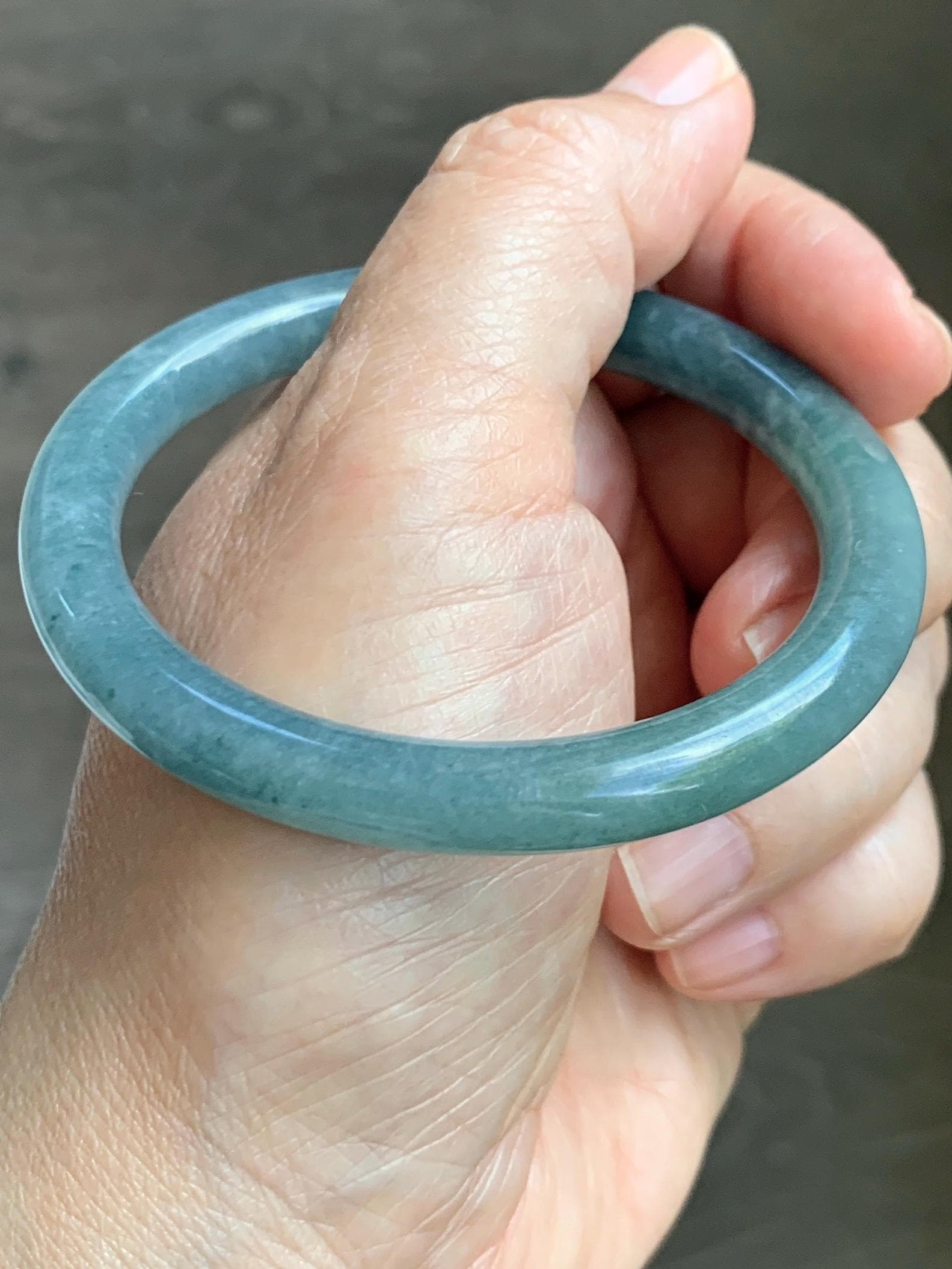 Certified Natural Grade A Guatemalan Icy Translucent Dusty Teal Marbled Jade Jadeite Bangle Bracelet 54.67mm 6.75” 31g 天然冰危蓝绿圆条翡翠手镯 519