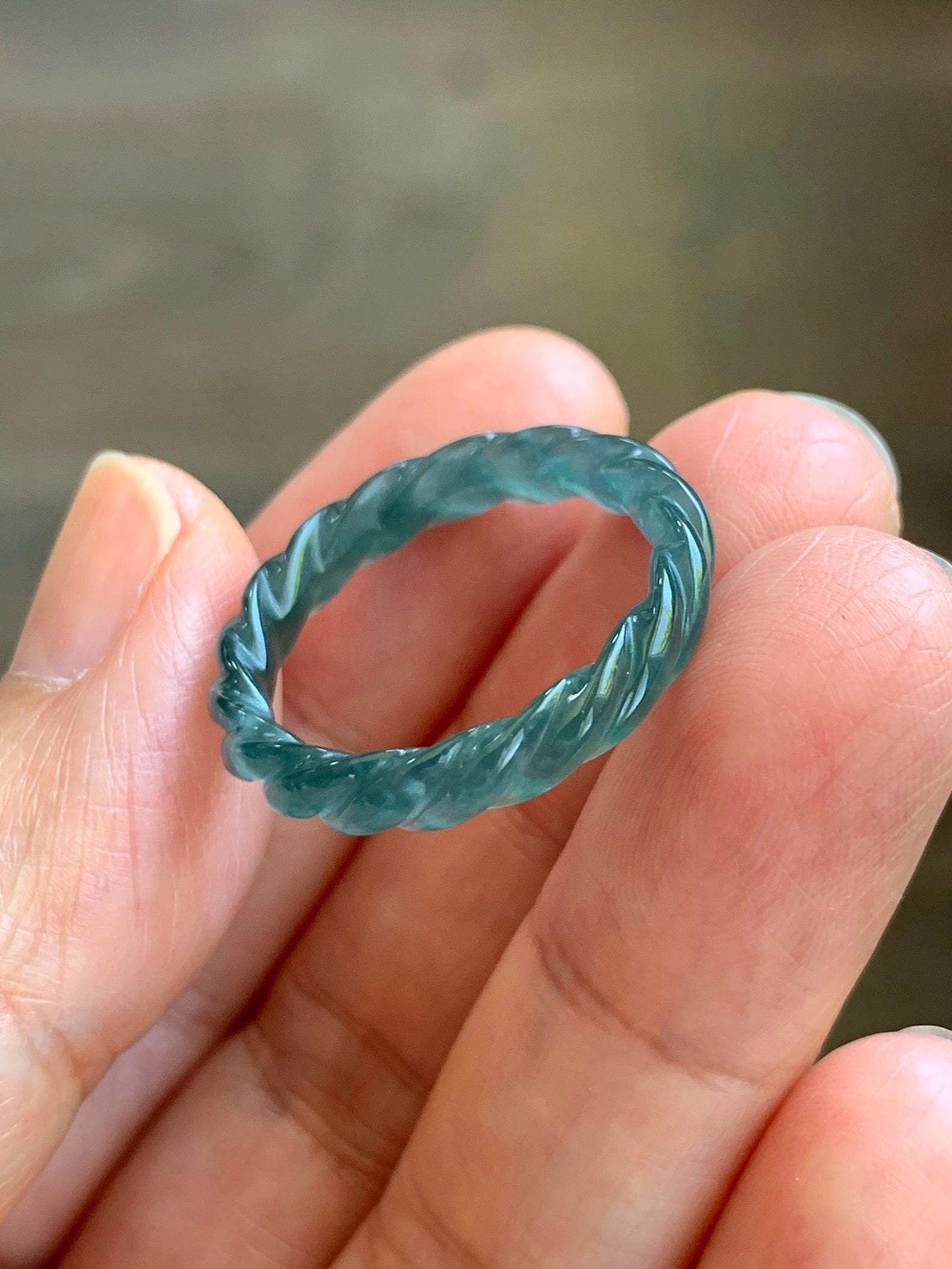 Natural Grade A Guatemalan Icy Highly Translucent Dark Teal Blue Jade Jadeite Carved Braid Band Ring Size 8.5 US 天然冰胶危蓝水翡翠麻花戒圈 WMH350C