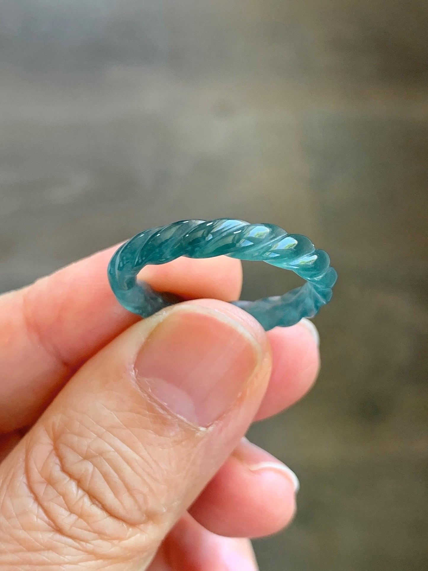 Natural Grade A Guatemalan Icy Highly Translucent Dark Teal Blue Jade Jadeite Carved Braid Band Ring Size 8.5 US 天然冰胶危蓝水翡翠麻花戒圈 WMH350C