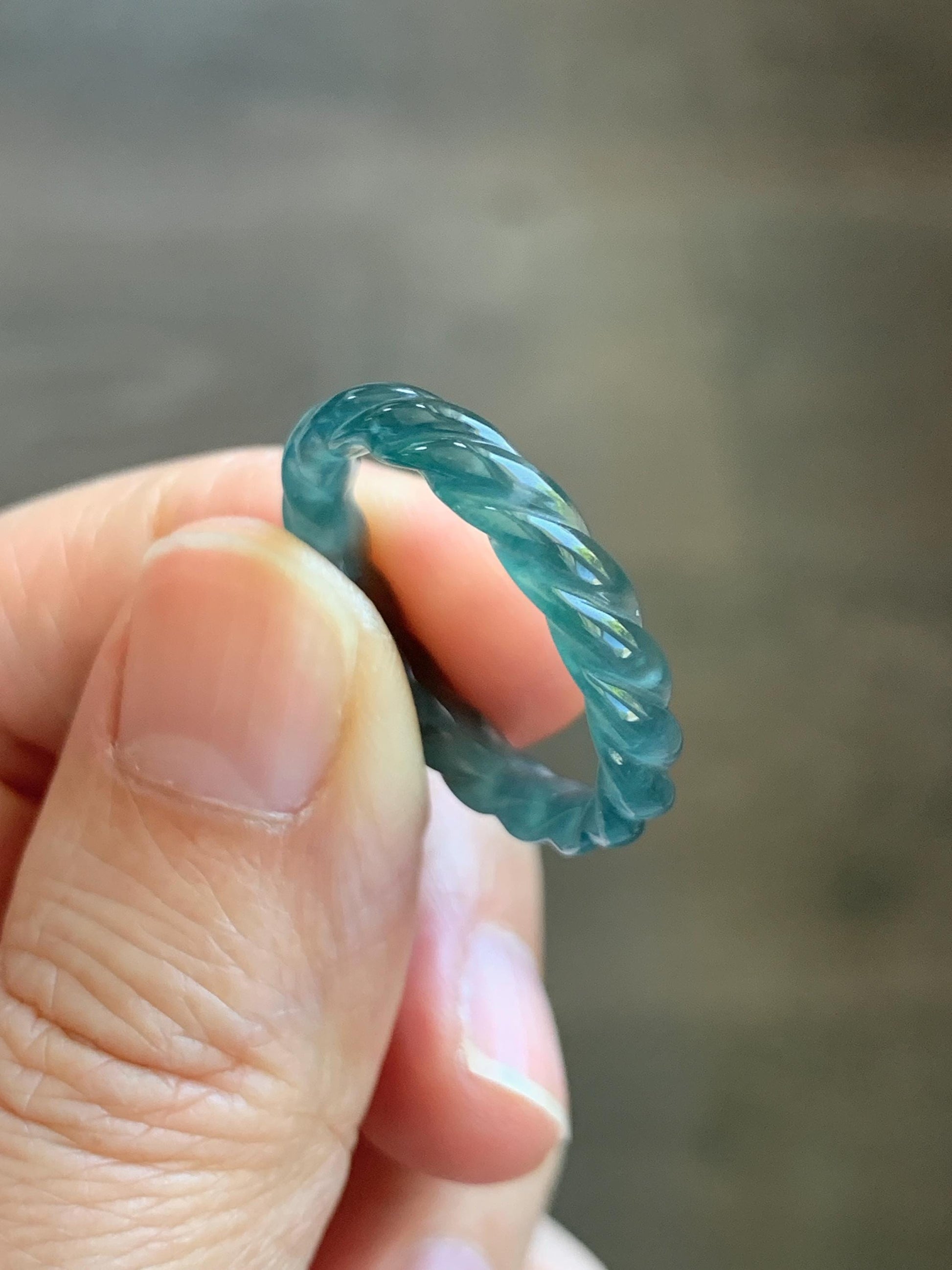 Natural Grade A Guatemalan Icy Highly Translucent Dark Teal Blue Jade Jadeite Carved Braid Band Ring Size 8.5 US 天然冰胶危蓝水翡翠麻花戒圈 WMH350C