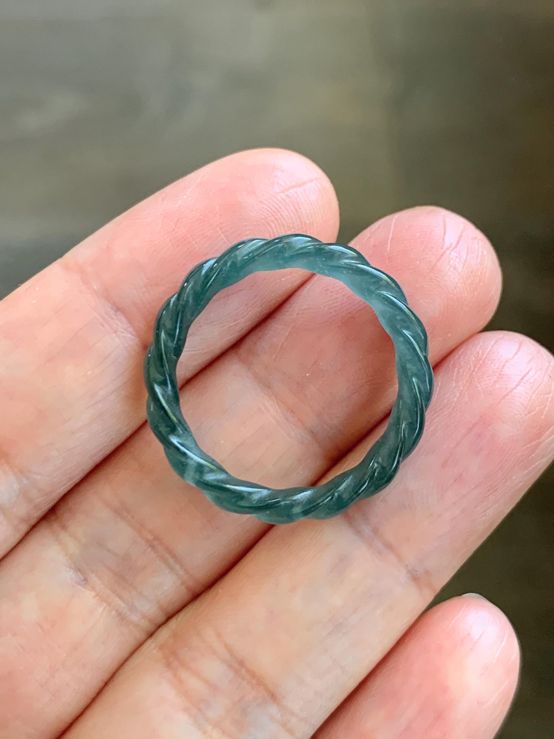 Natural Grade A Guatemalan Icy Highly Translucent Dark Teal Blue Jade Jadeite Carved Braid Band Ring Size 8.5 US 天然冰胶危蓝水翡翠麻花戒圈 WMH350C