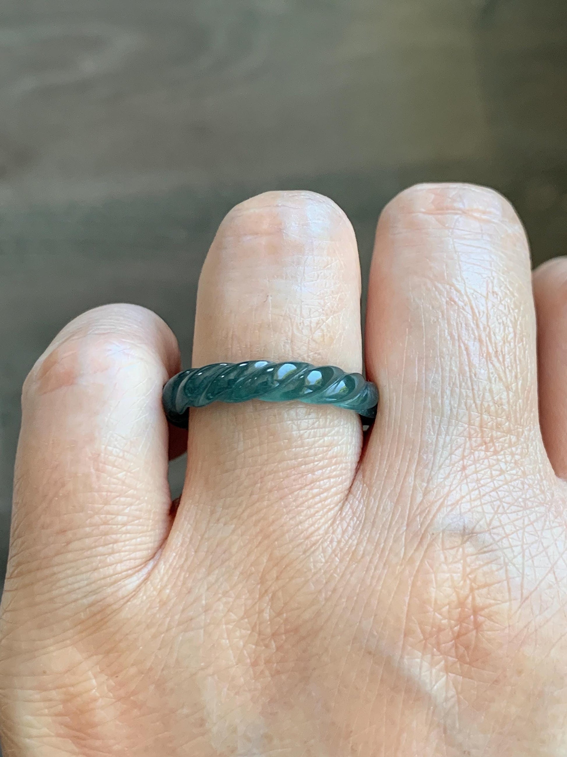 Natural Grade A Guatemalan Icy Highly Translucent Dark Teal Blue Jade Jadeite Carved Braid Band Ring Size 8.5 US 天然冰胶危蓝水翡翠麻花戒圈 WMH350C