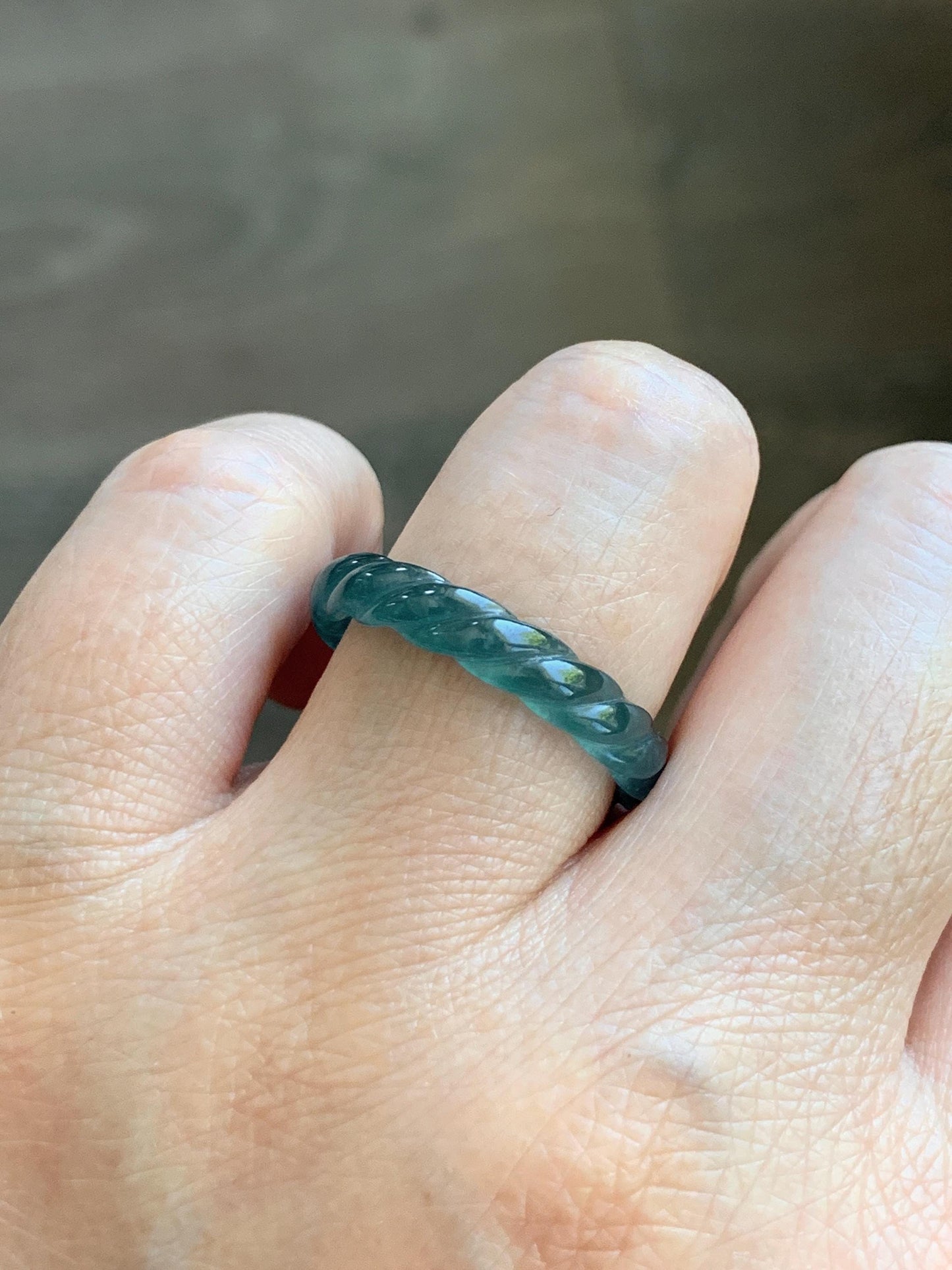 Natural Grade A Guatemalan Icy Highly Translucent Dark Teal Blue Jade Jadeite Carved Braid Band Ring Size 8.5 US 天然冰胶危蓝水翡翠麻花戒圈 WMH350C