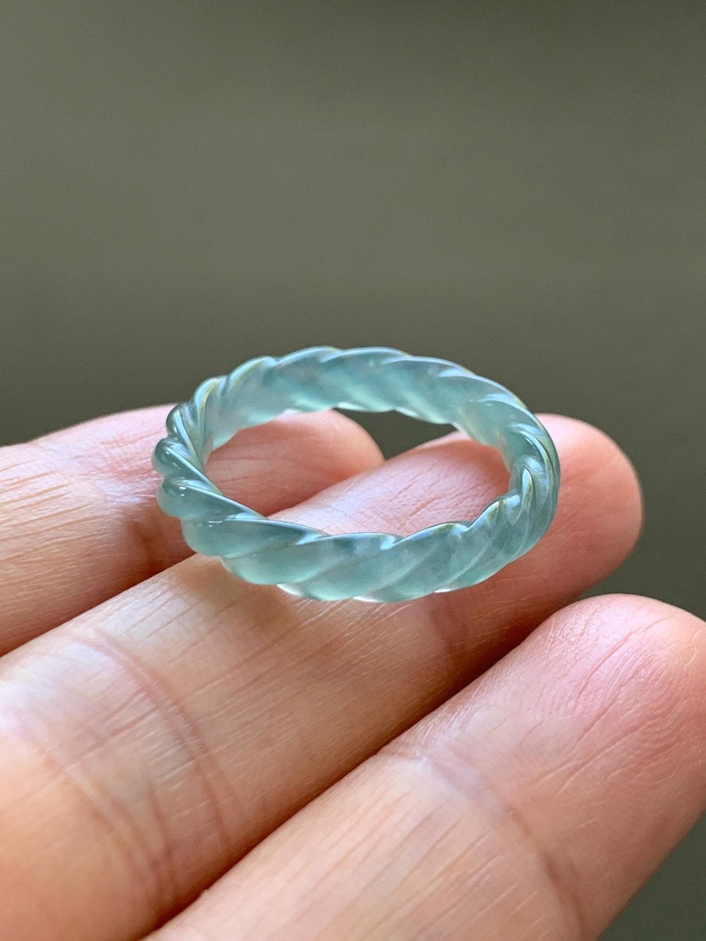 Natural Grade A Guatemalan Icy Highly Translucent Light Dusty Teal Jade Jadeite Carved Braid Band Ring Size 7.5 US 天然冰胶危浅蓝翡翠麻花戒圈 WMH350B