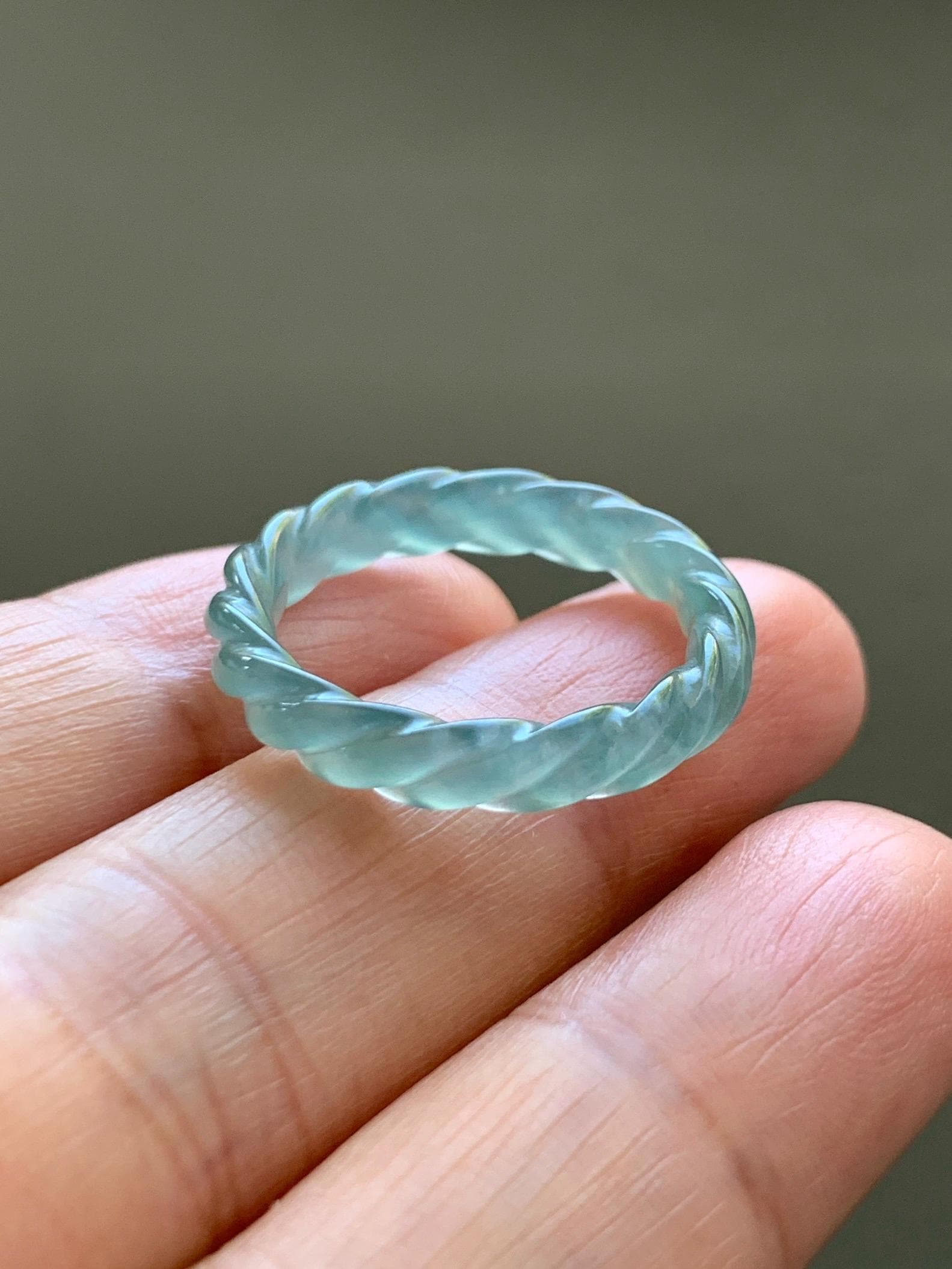 Natural Grade A Guatemalan Icy Highly Translucent Light Dusty Teal Jade Jadeite Carved Braid Band Ring Size 7.5 US 天然冰胶危浅蓝翡翠麻花戒圈 WMH350B