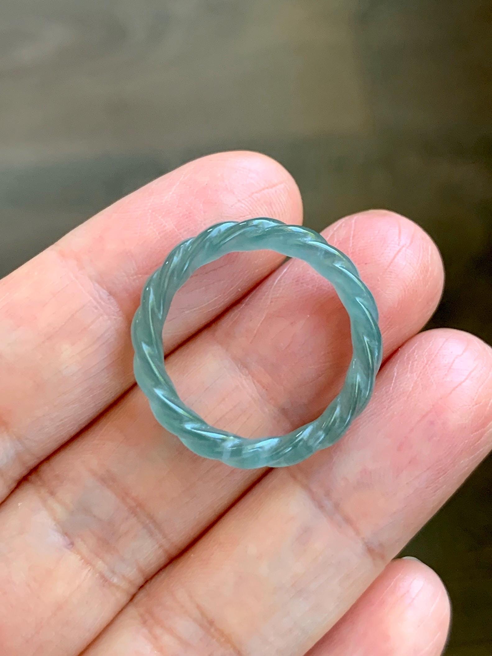 Natural Grade A Guatemalan Icy Highly Translucent Light Dusty Teal Jade Jadeite Carved Braid Band Ring Size 7.5 US 天然冰胶危浅蓝翡翠麻花戒圈 WMH350B