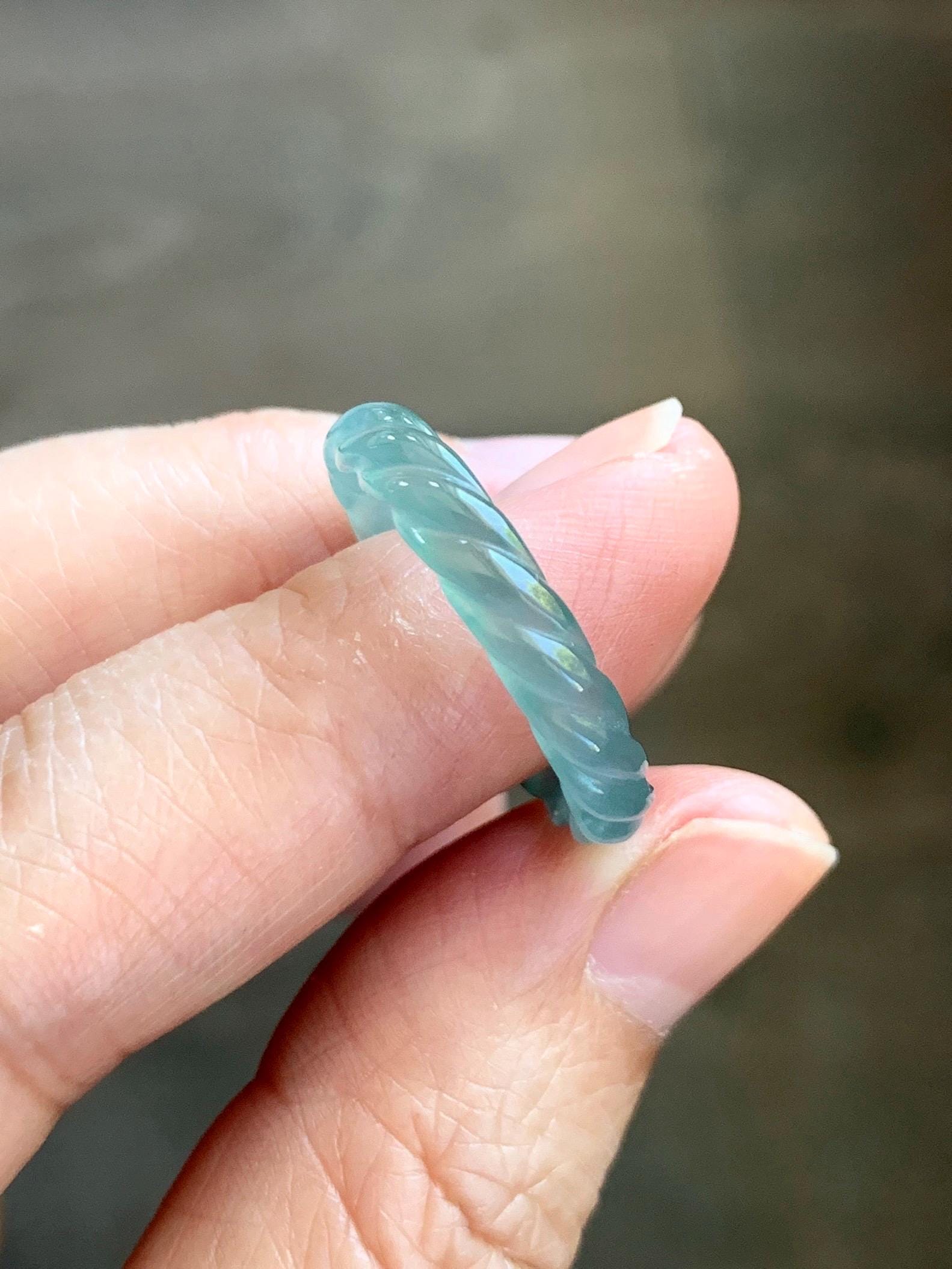 Natural Grade A Guatemalan Icy Highly Translucent Light Dusty Teal Jade Jadeite Carved Braid Band Ring Size 7.5 US 天然冰胶危浅蓝翡翠麻花戒圈 WMH350B