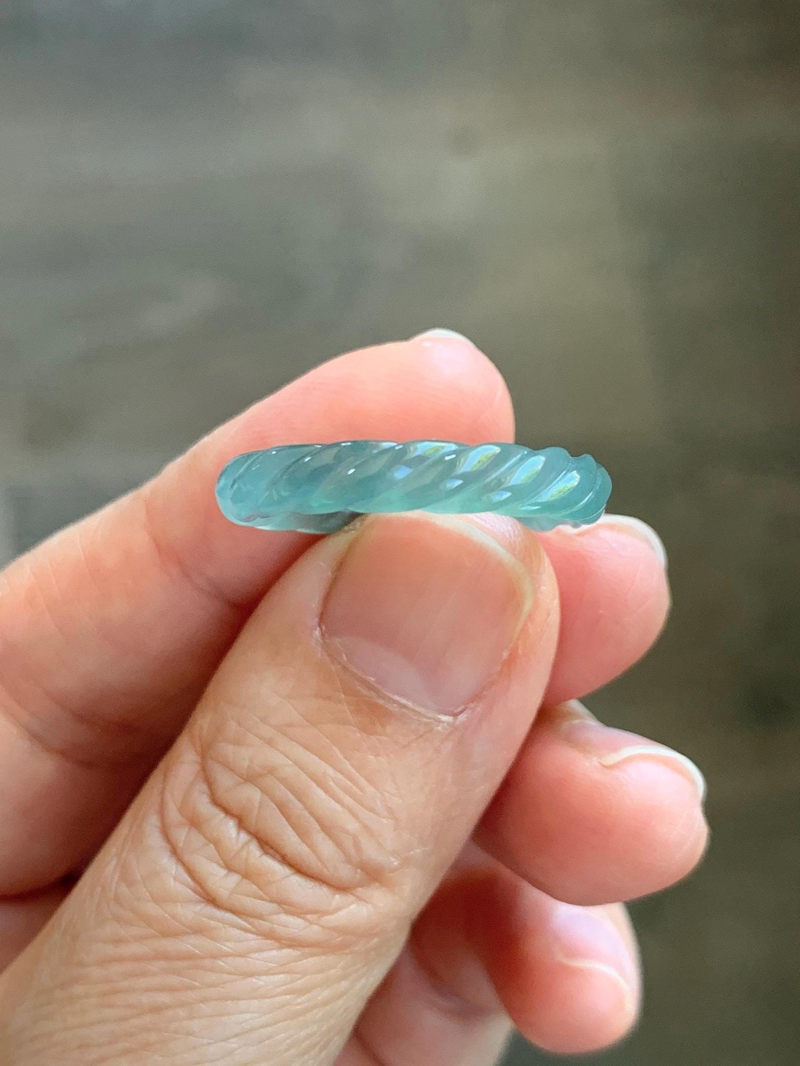 Natural Grade A Guatemalan Icy Highly Translucent Light Dusty Teal Jade Jadeite Carved Braid Band Ring Size 7.5 US 天然冰胶危浅蓝翡翠麻花戒圈 WMH350B
