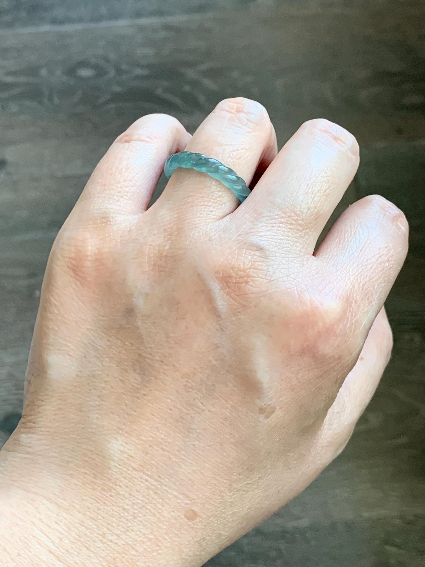Natural Grade A Guatemalan Icy Highly Translucent Light Dusty Teal Jade Jadeite Carved Braid Band Ring Size 7.5 US 天然冰胶危浅蓝翡翠麻花戒圈 WMH350B