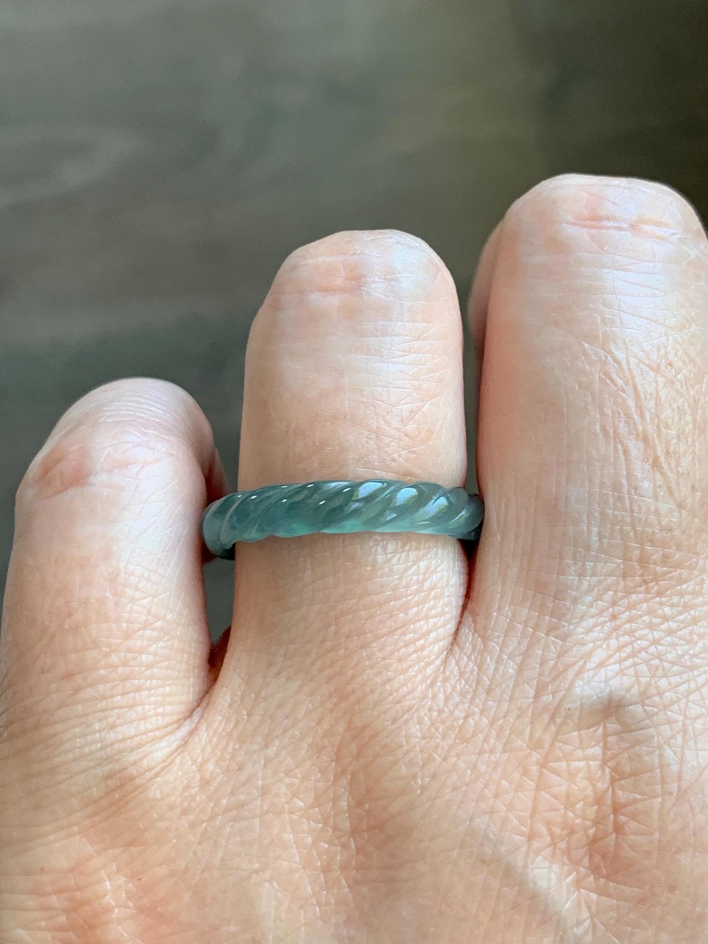 Natural Grade A Guatemalan Icy Highly Translucent Light Dusty Teal Jade Jadeite Carved Braid Band Ring Size 7.5 US 天然冰胶危浅蓝翡翠麻花戒圈 WMH350B