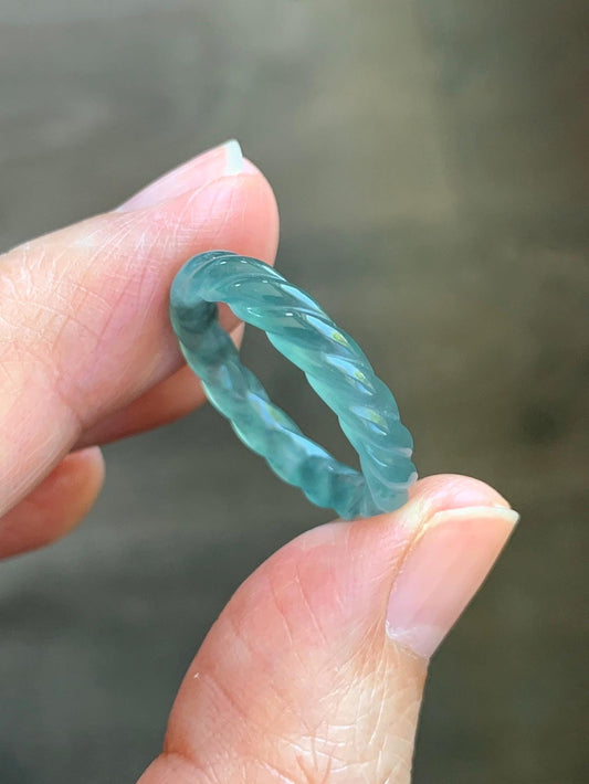 Natural Grade A Guatemalan Icy Highly Translucent Light Dusty Teal Jade Jadeite Carved Braid Band Ring Size 7.5 US 天然冰胶危浅蓝翡翠麻花戒圈 WMH350B