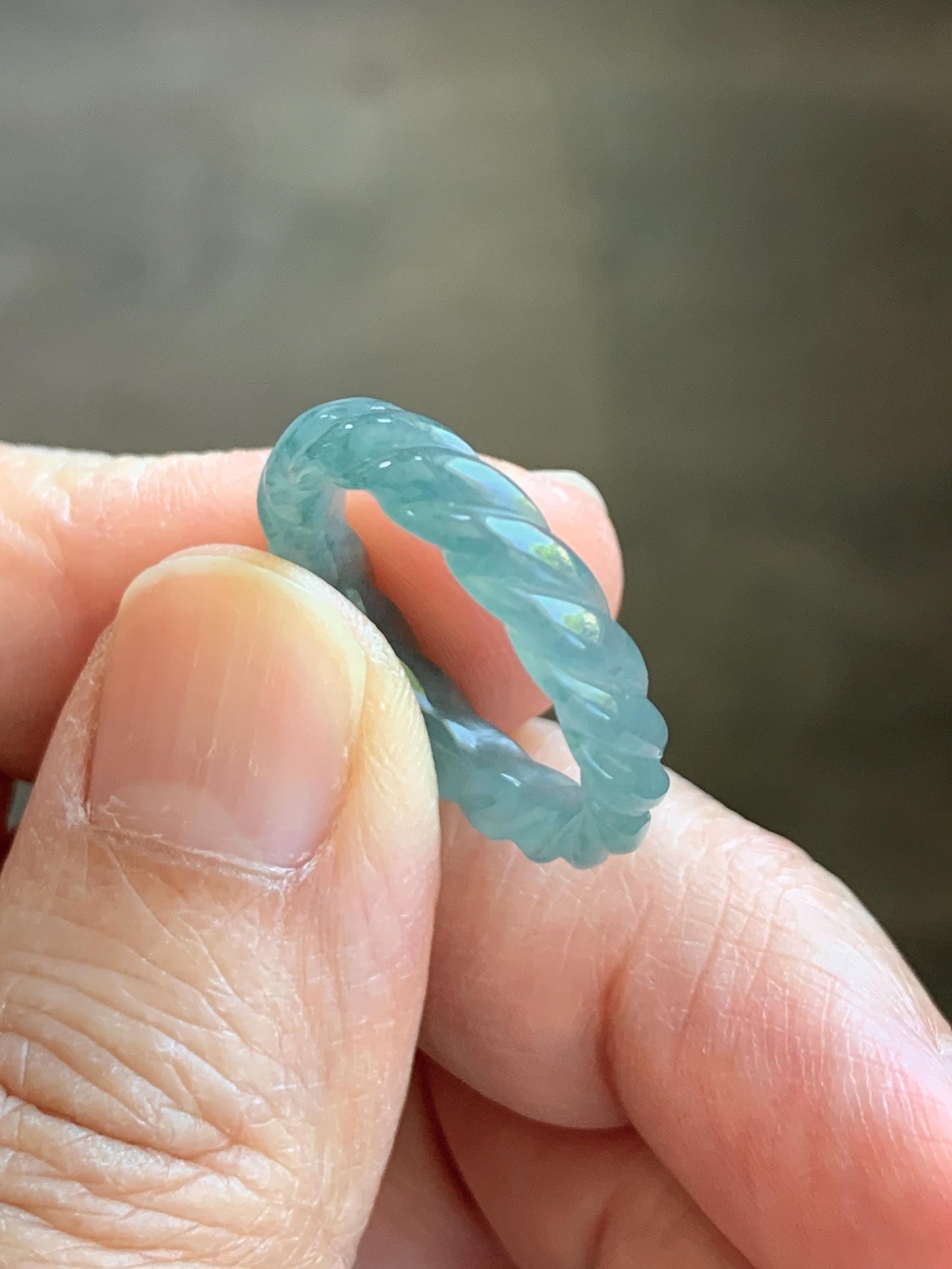 Natural Grade A Guatemalan Icy Translucent Gelatinous Dusty Teal Blue Jade Jadeite Carved Braid Band Ring Size 6.5 US 天然冰胶危蓝水翡翠麻花戒圈 WMH350A