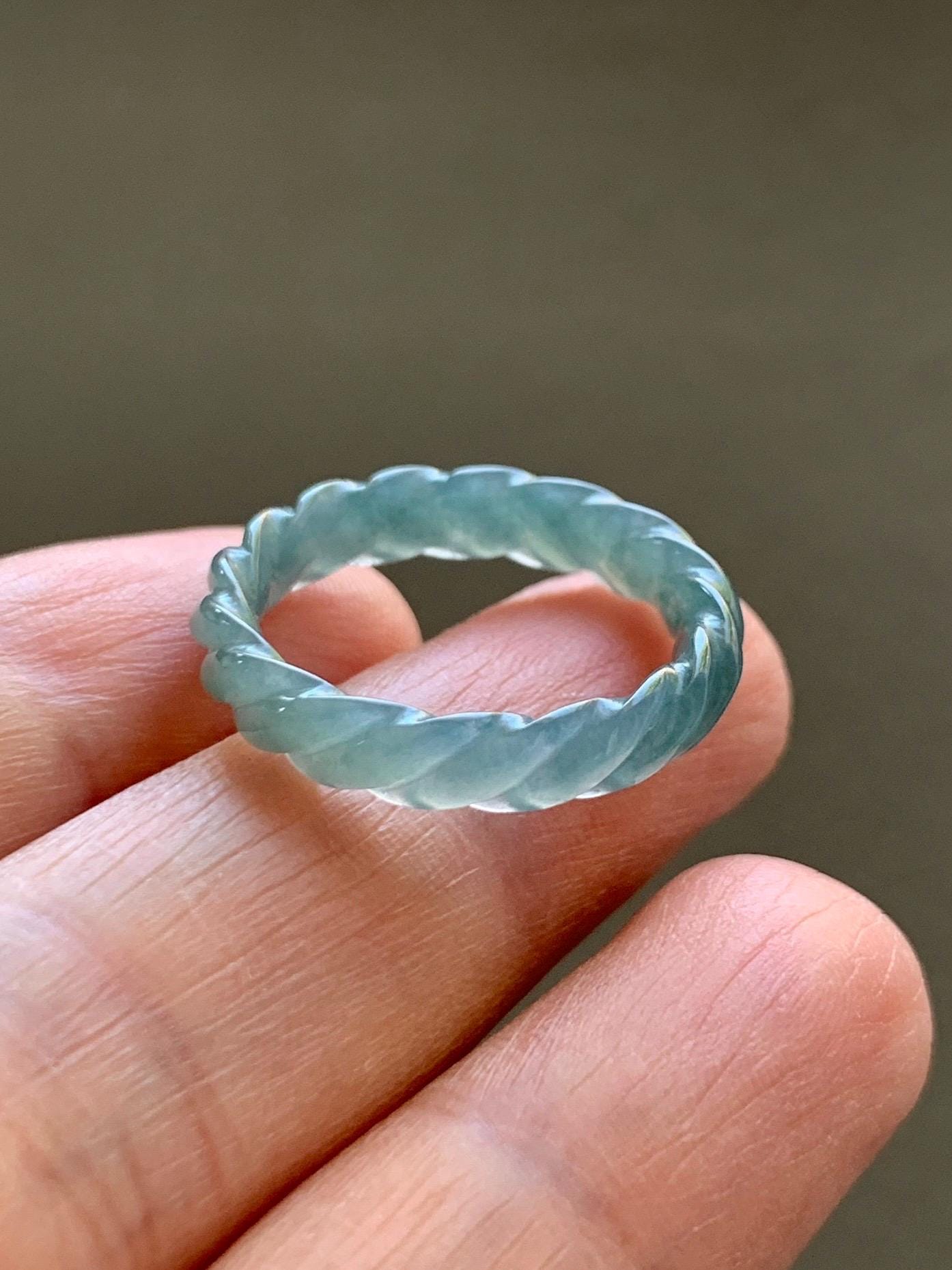 Natural Grade A Guatemalan Icy Translucent Gelatinous Dusty Teal Blue Jade Jadeite Carved Braid Band Ring Size 6.5 US 天然冰胶危蓝水翡翠麻花戒圈 WMH350A
