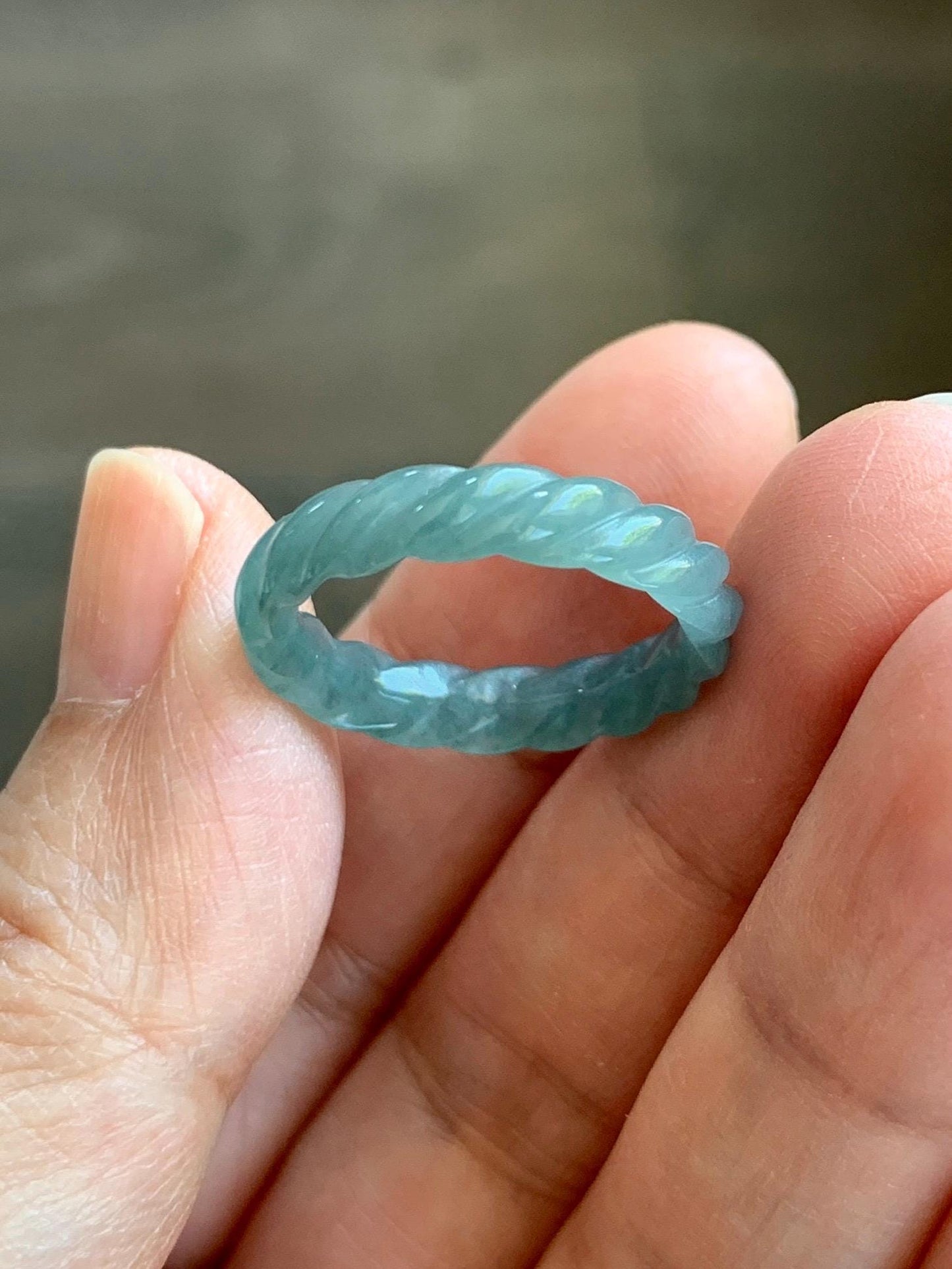 Natural Grade A Guatemalan Icy Translucent Gelatinous Dusty Teal Blue Jade Jadeite Carved Braid Band Ring Size 6.5 US 天然冰胶危蓝水翡翠麻花戒圈 WMH350A