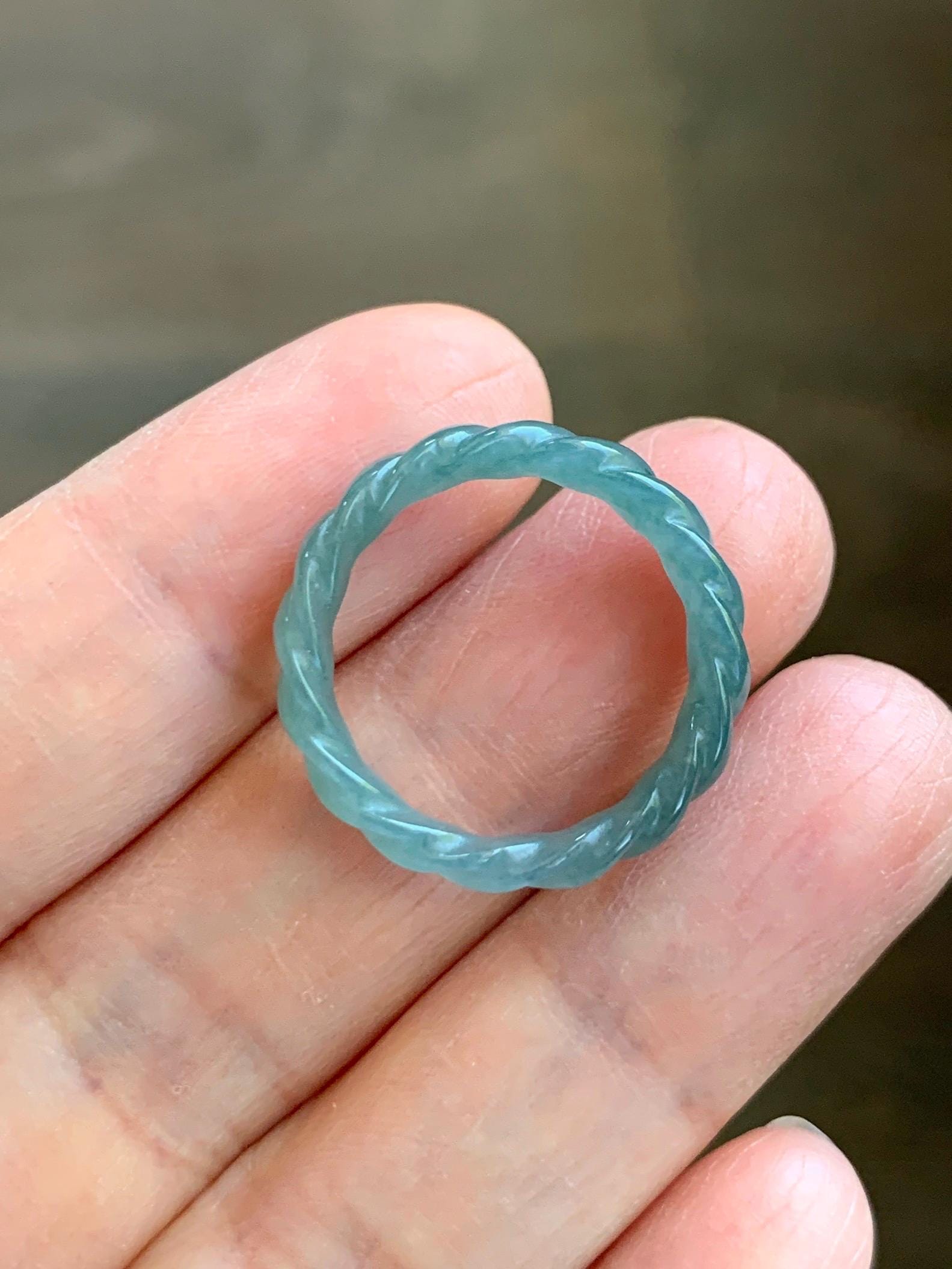Natural Grade A Guatemalan Icy Translucent Gelatinous Dusty Teal Blue Jade Jadeite Carved Braid Band Ring Size 6.5 US 天然冰胶危蓝水翡翠麻花戒圈 WMH350A