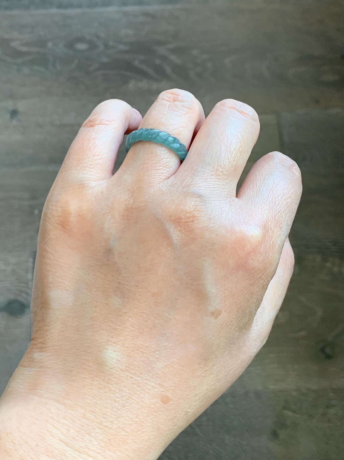 Natural Grade A Guatemalan Icy Translucent Gelatinous Dusty Teal Blue Jade Jadeite Carved Braid Band Ring Size 6.5 US 天然冰胶危蓝水翡翠麻花戒圈 WMH350A