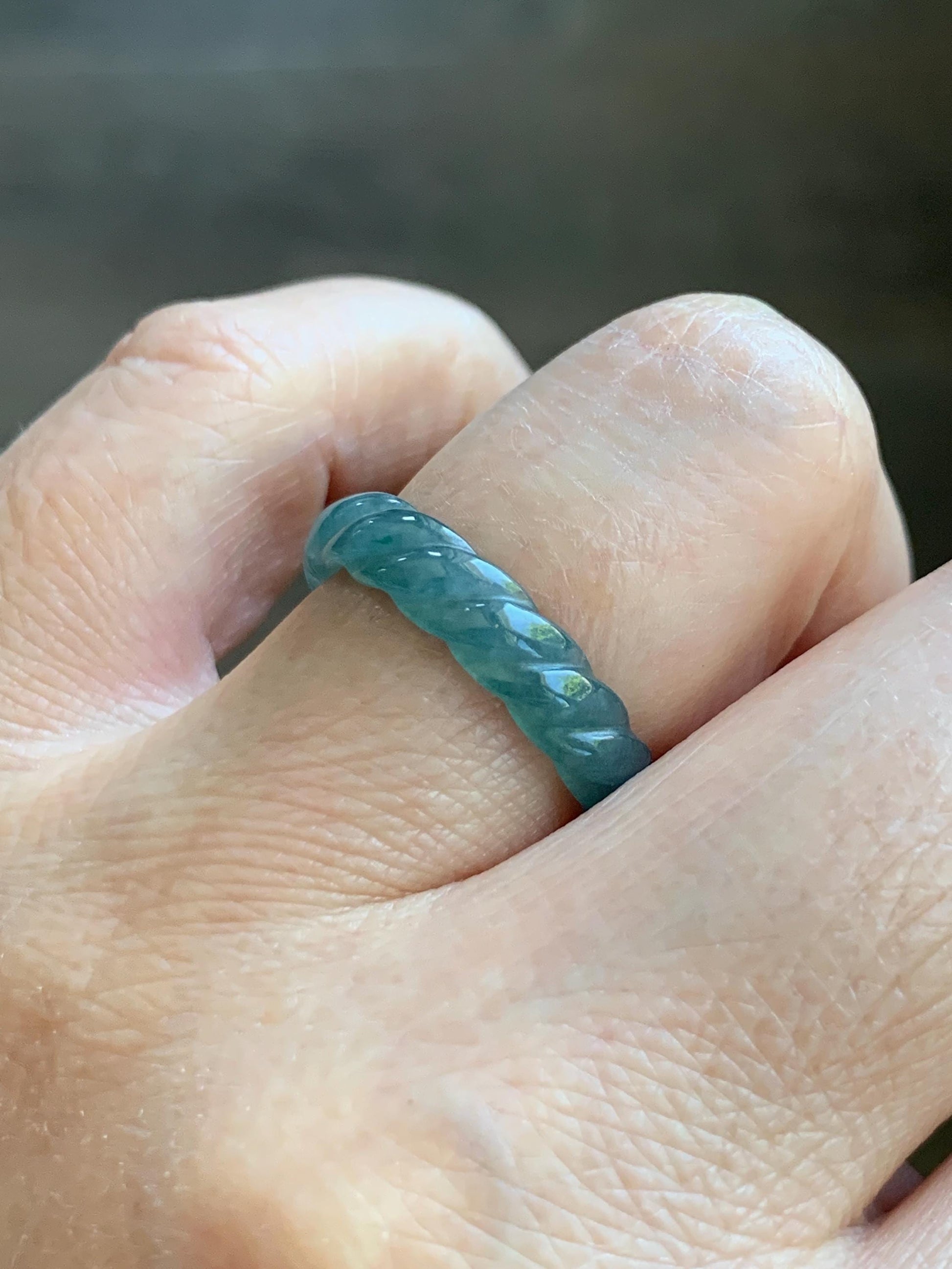 Natural Grade A Guatemalan Icy Translucent Gelatinous Dusty Teal Blue Jade Jadeite Carved Braid Band Ring Size 6.5 US 天然冰胶危蓝水翡翠麻花戒圈 WMH350A
