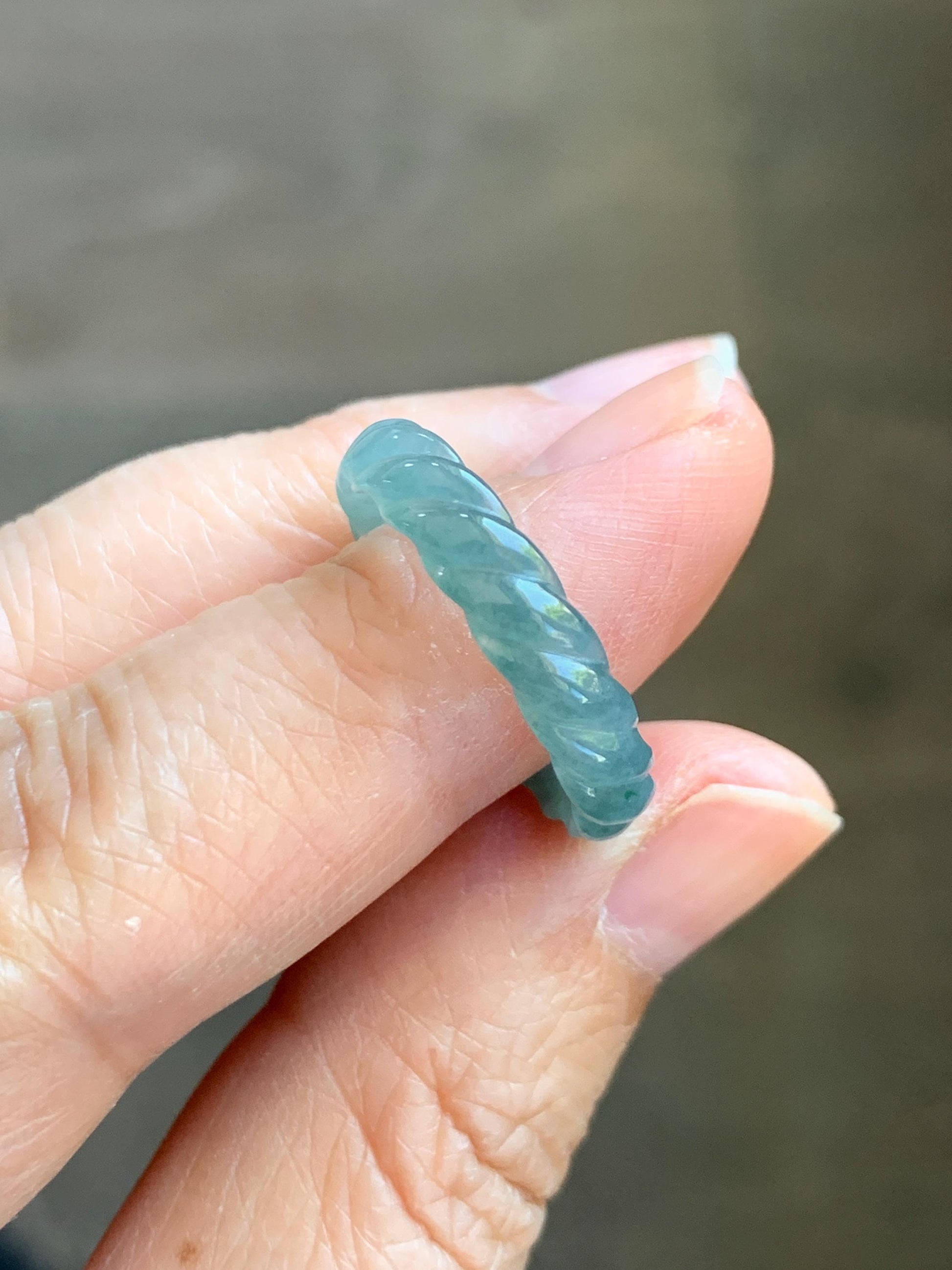 Natural Grade A Guatemalan Icy Translucent Gelatinous Dusty Teal Blue Jade Jadeite Carved Braid Band Ring Size 6.5 US 天然冰胶危蓝水翡翠麻花戒圈 WMH350A