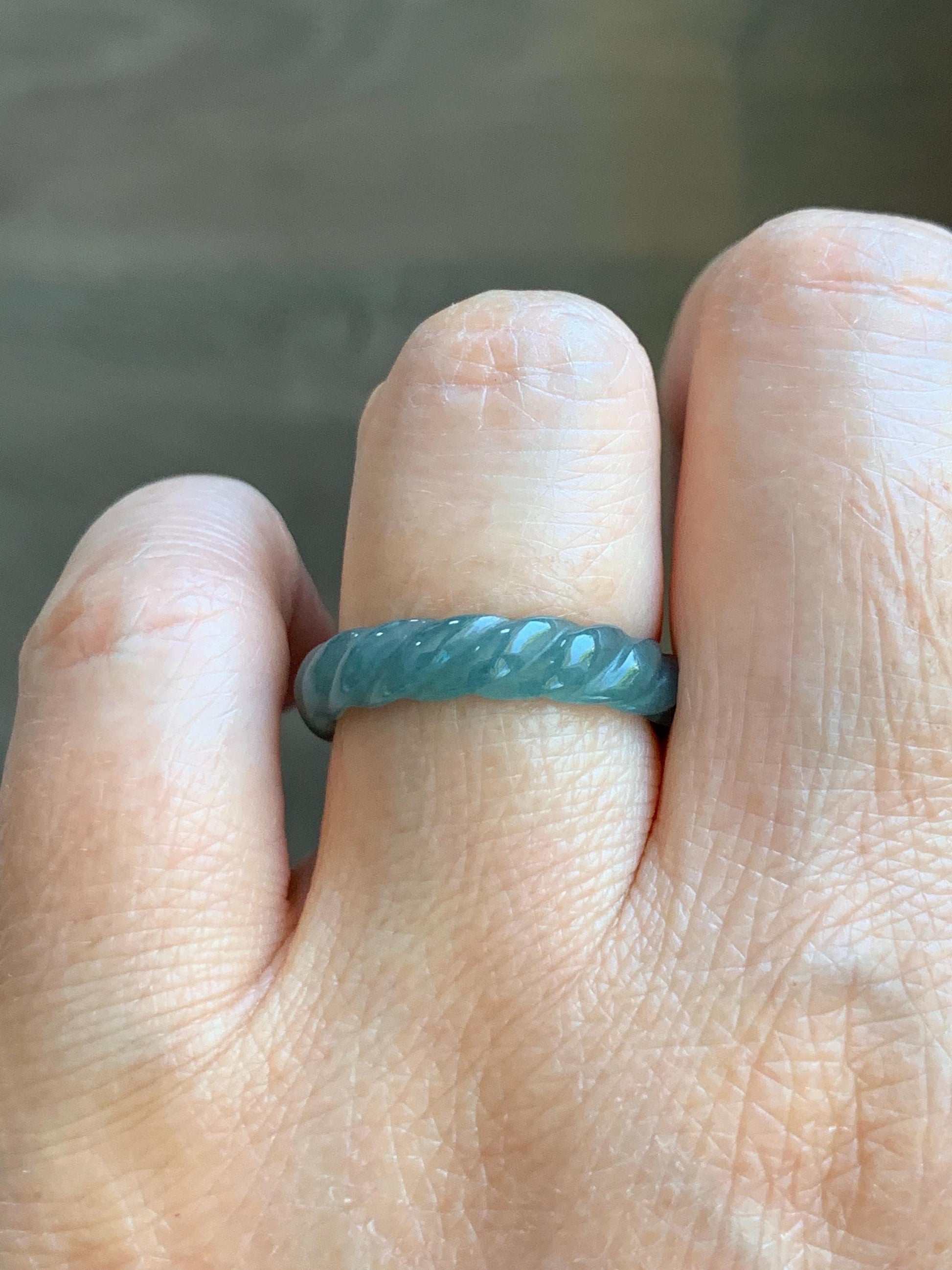 Natural Grade A Guatemalan Icy Translucent Gelatinous Dusty Teal Blue Jade Jadeite Carved Braid Band Ring Size 6.5 US 天然冰胶危蓝水翡翠麻花戒圈 WMH350A