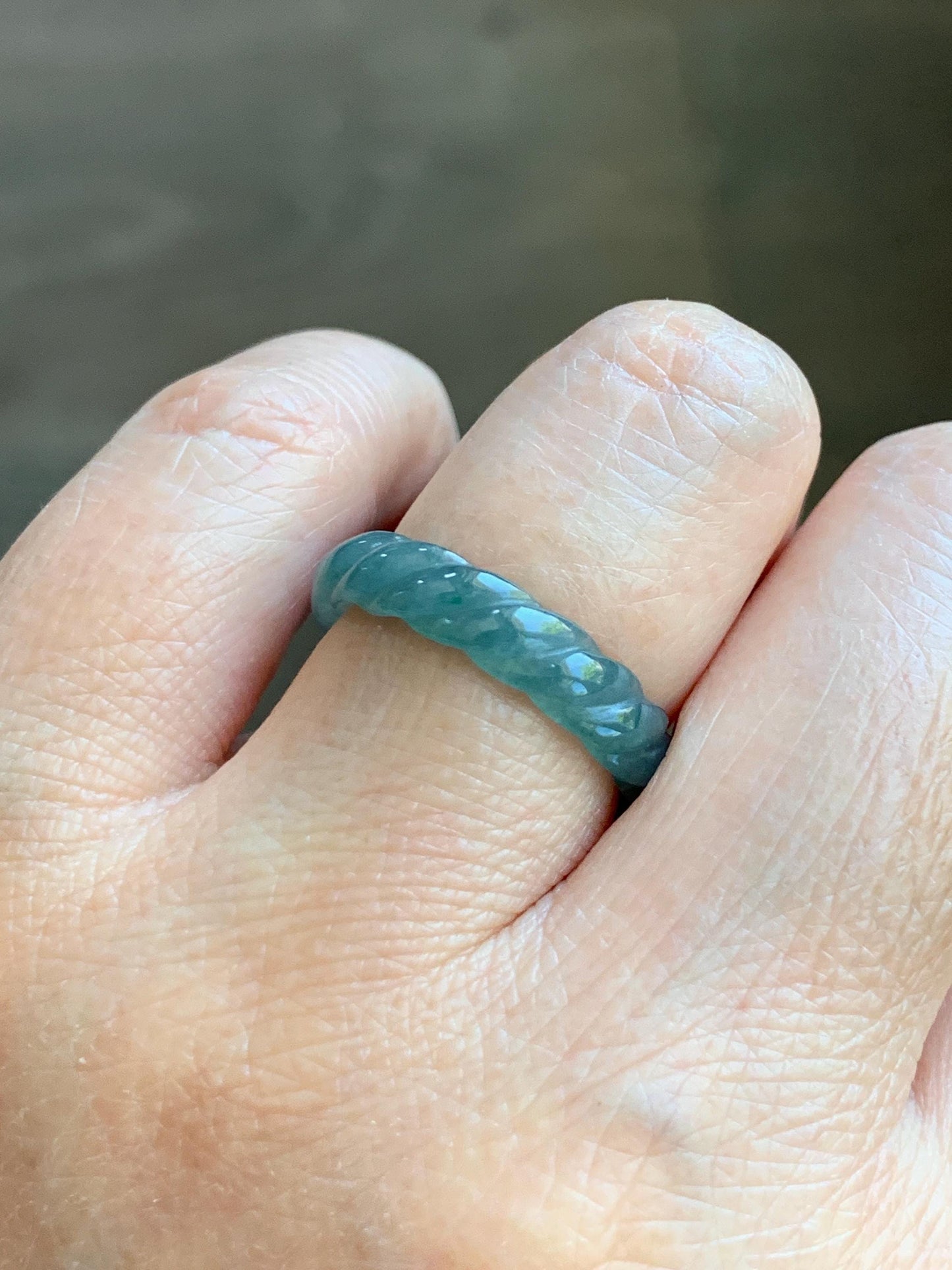 Natural Grade A Guatemalan Icy Translucent Gelatinous Dusty Teal Blue Jade Jadeite Carved Braid Band Ring Size 6.5 US 天然冰胶危蓝水翡翠麻花戒圈 WMH350A