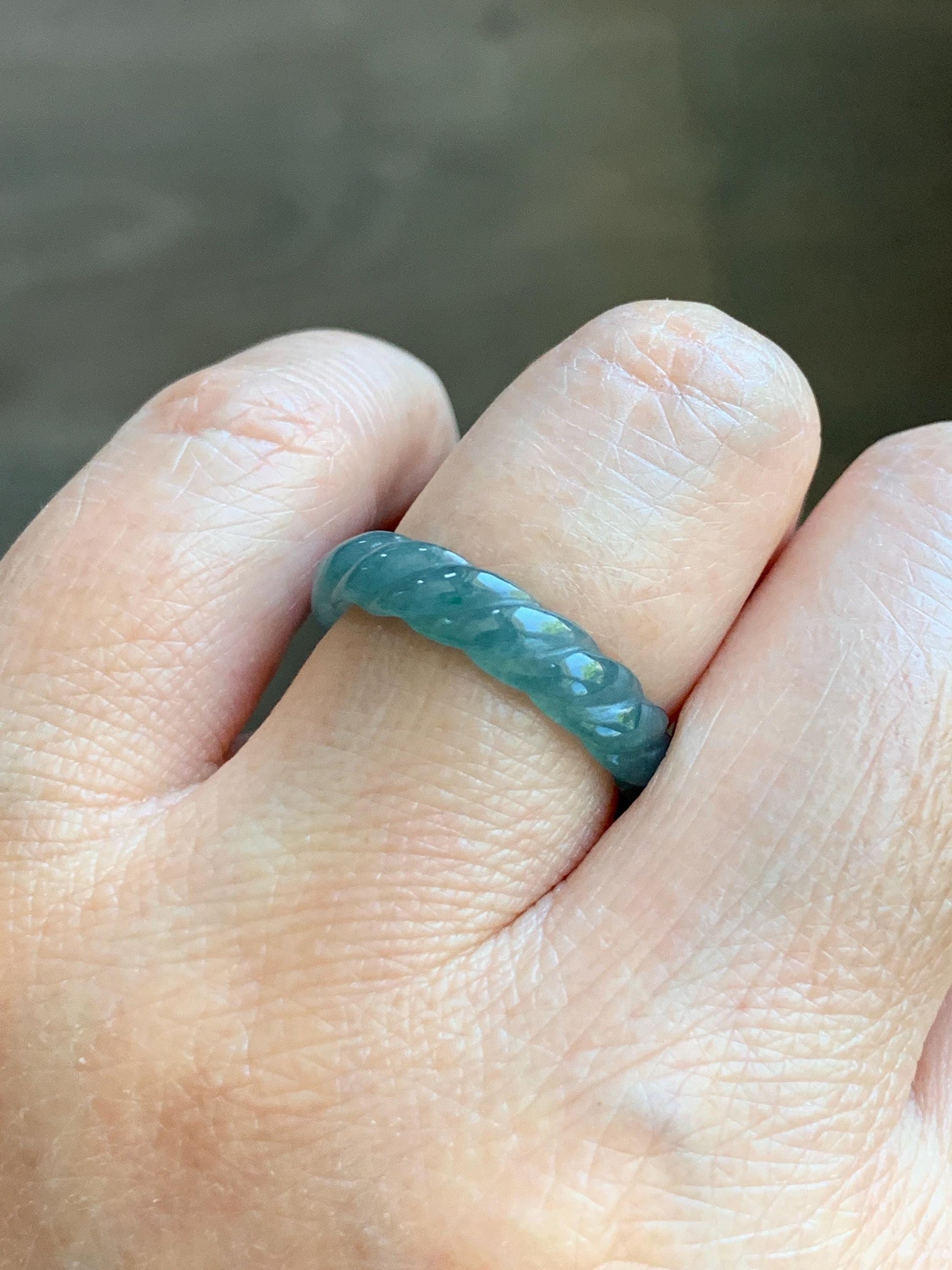 Natural Grade A Guatemalan Icy Translucent Gelatinous Dusty Teal Blue Jade Jadeite Carved Braid Band Ring Size 6.5 US 天然冰胶危蓝水翡翠麻花戒圈 WMH350A