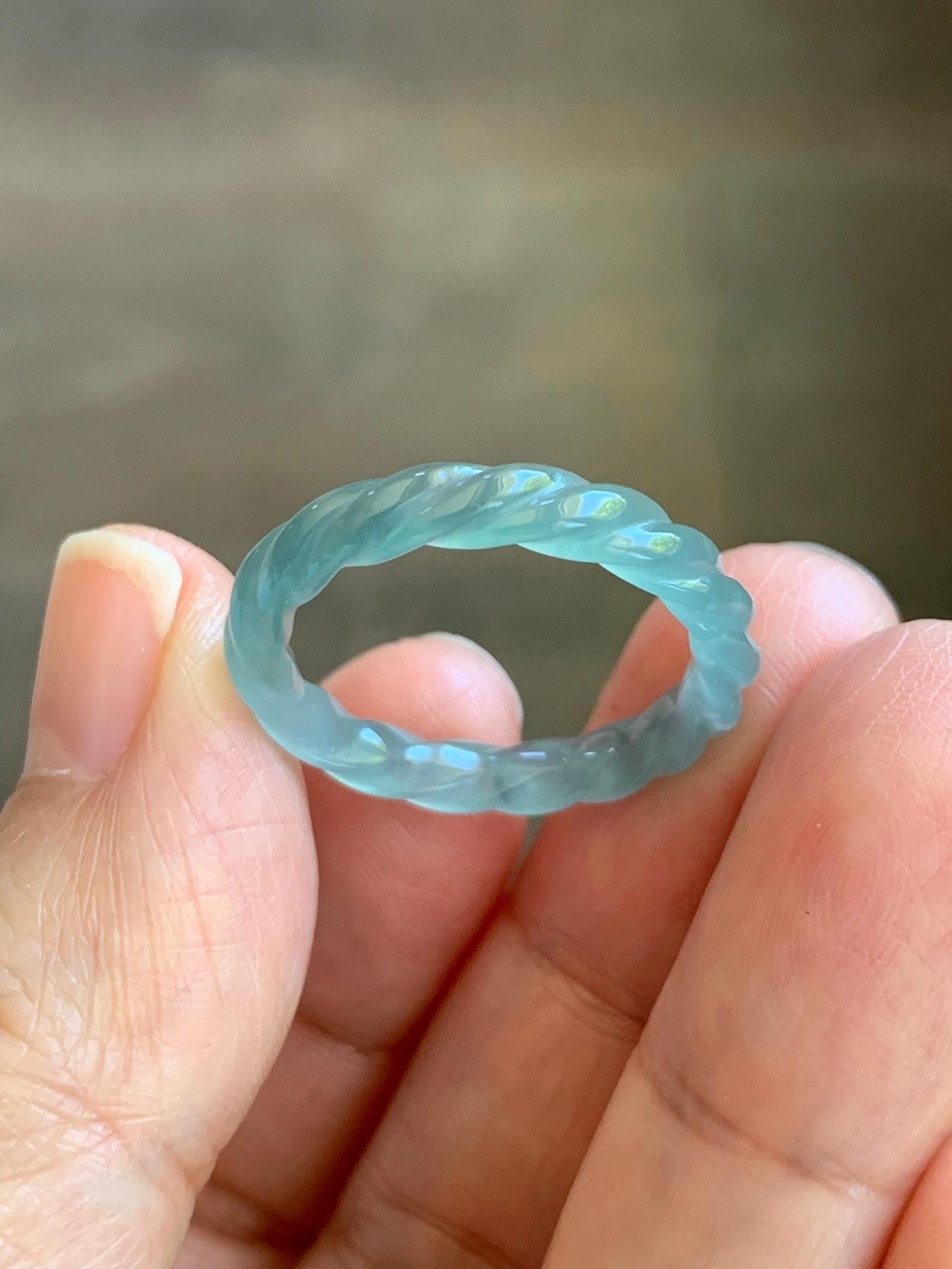 Natural Grade A Guatemalan Icy Highly Translucent Light Dusty Teal Jade Jadeite Carved Braid Band Ring Size 7.75 US 天然冰胶危浅蓝翡翠麻花戒圈 WMH350G