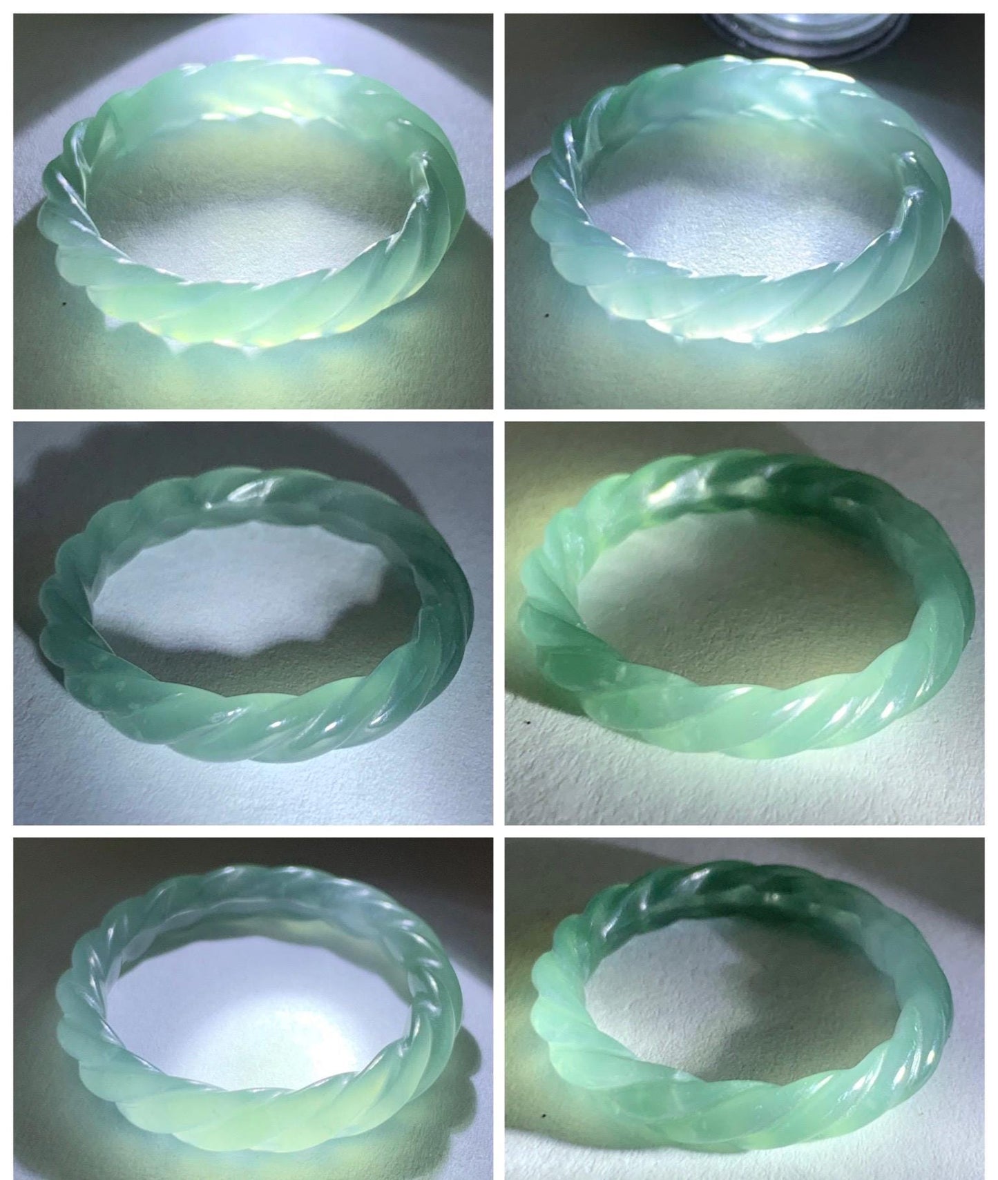 Natural Grade A Guatemalan Icy Highly Translucent Light Dusty Teal Jade Jadeite Carved Braid Band Ring Size 7.75 US 天然冰胶危浅蓝翡翠麻花戒圈 WMH350G