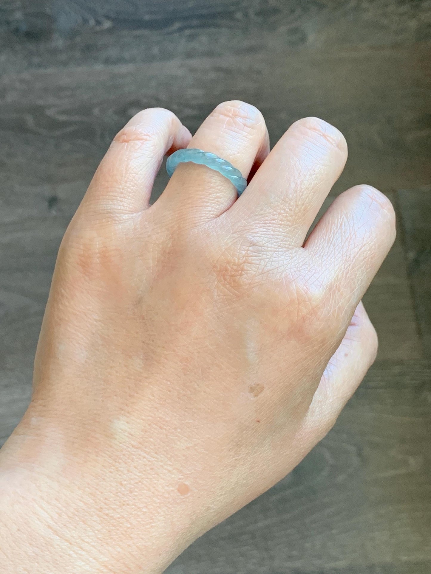 Natural Grade A Guatemalan Icy Highly Translucent Light Dusty Teal Jade Jadeite Carved Braid Band Ring Size 7.75 US 天然冰胶危浅蓝翡翠麻花戒圈 WMH350G