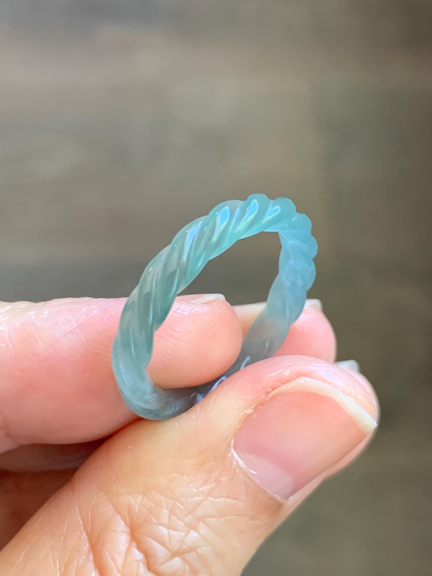 Natural Grade A Guatemalan Icy Highly Translucent Light Dusty Teal Jade Jadeite Carved Braid Band Ring Size 7.75 US 天然冰胶危浅蓝翡翠麻花戒圈 WMH350G