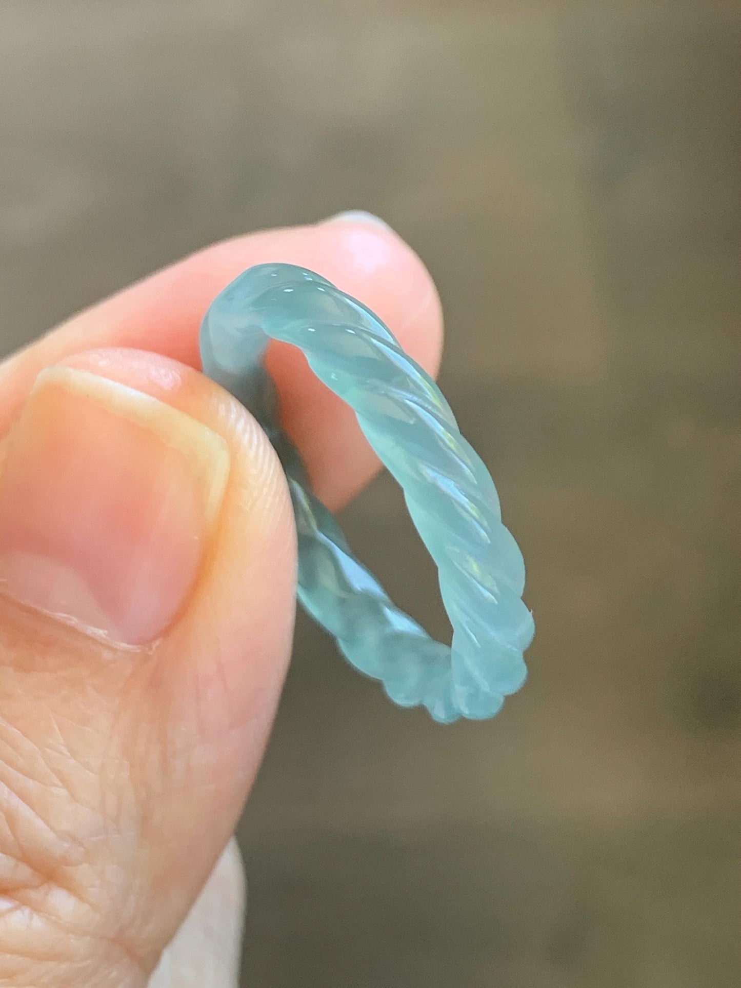 Natural Grade A Guatemalan Icy Highly Translucent Light Dusty Teal Jade Jadeite Carved Braid Band Ring Size 7.75 US 天然冰胶危浅蓝翡翠麻花戒圈 WMH350G