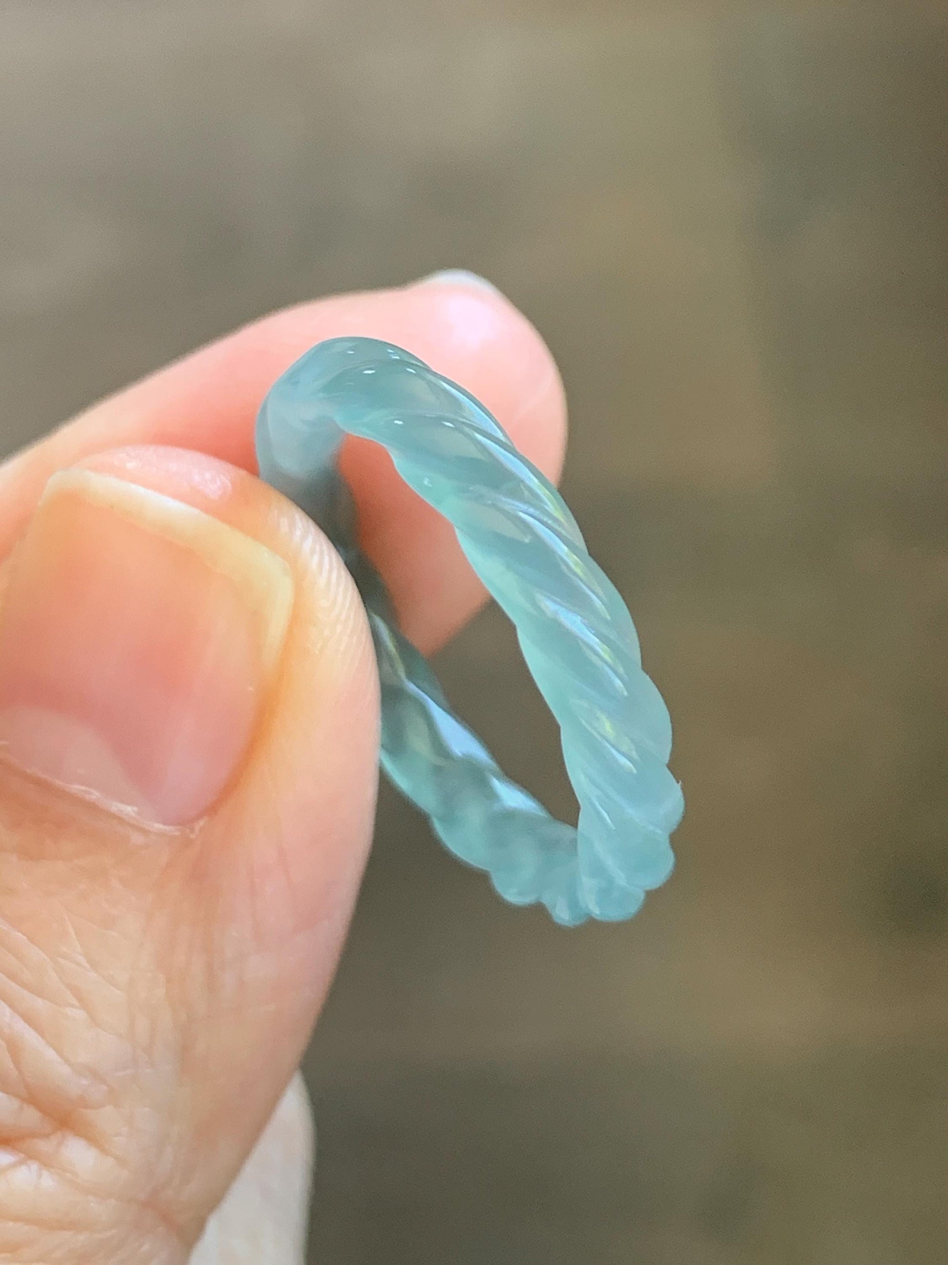 Natural Grade A Guatemalan Icy Highly Translucent Light Dusty Teal Jade Jadeite Carved Braid Band Ring Size 7.75 US 天然冰胶危浅蓝翡翠麻花戒圈 WMH350G