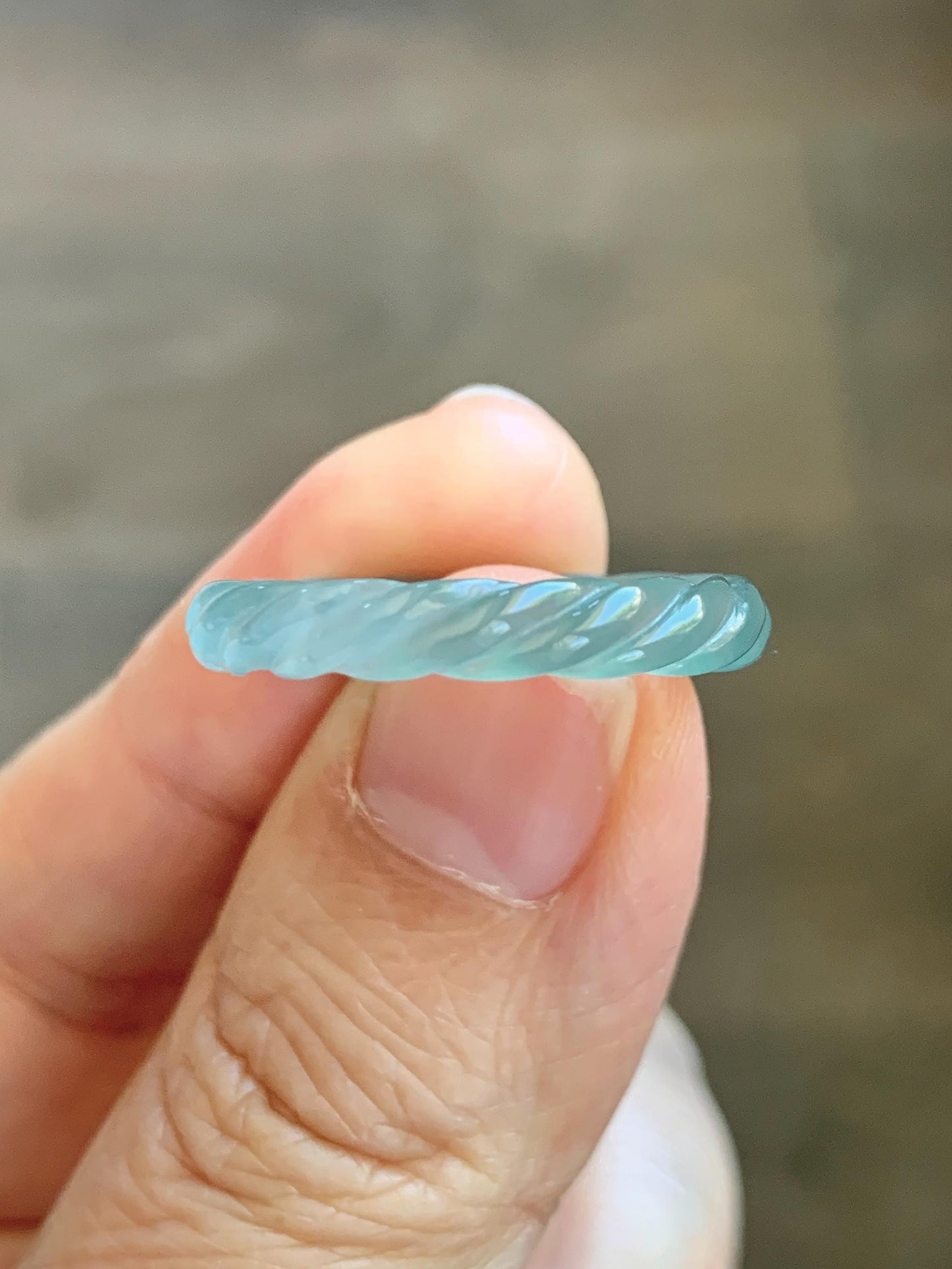 Natural Grade A Guatemalan Icy Highly Translucent Light Dusty Teal Jade Jadeite Carved Braid Band Ring Size 7.75 US 天然冰胶危浅蓝翡翠麻花戒圈 WMH350G