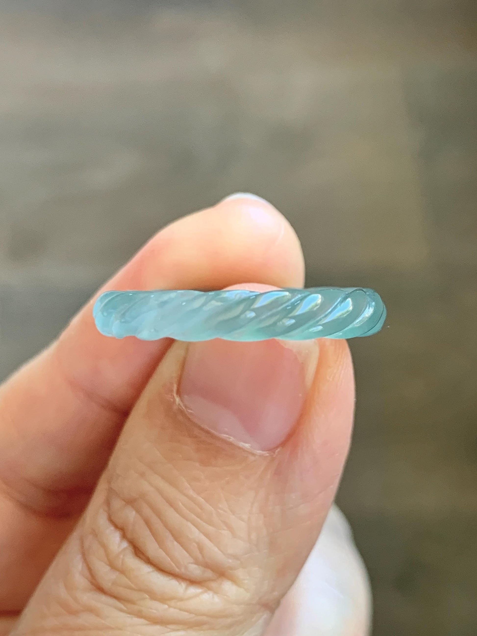 Natural Grade A Guatemalan Icy Highly Translucent Light Dusty Teal Jade Jadeite Carved Braid Band Ring Size 7.75 US 天然冰胶危浅蓝翡翠麻花戒圈 WMH350G