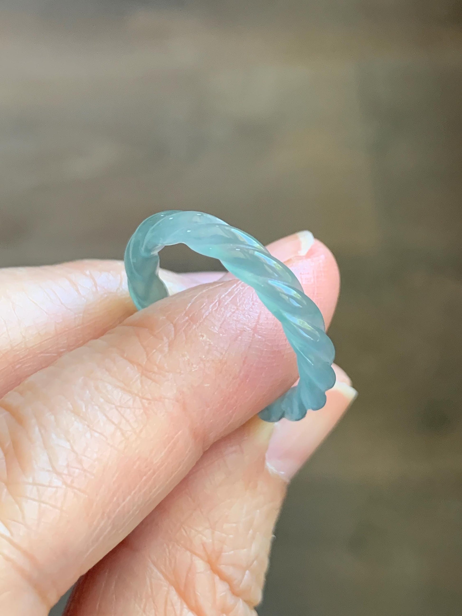 Natural Grade A Guatemalan Icy Highly Translucent Light Dusty Teal Jade Jadeite Carved Braid Band Ring Size 7.75 US 天然冰胶危浅蓝翡翠麻花戒圈 WMH350G