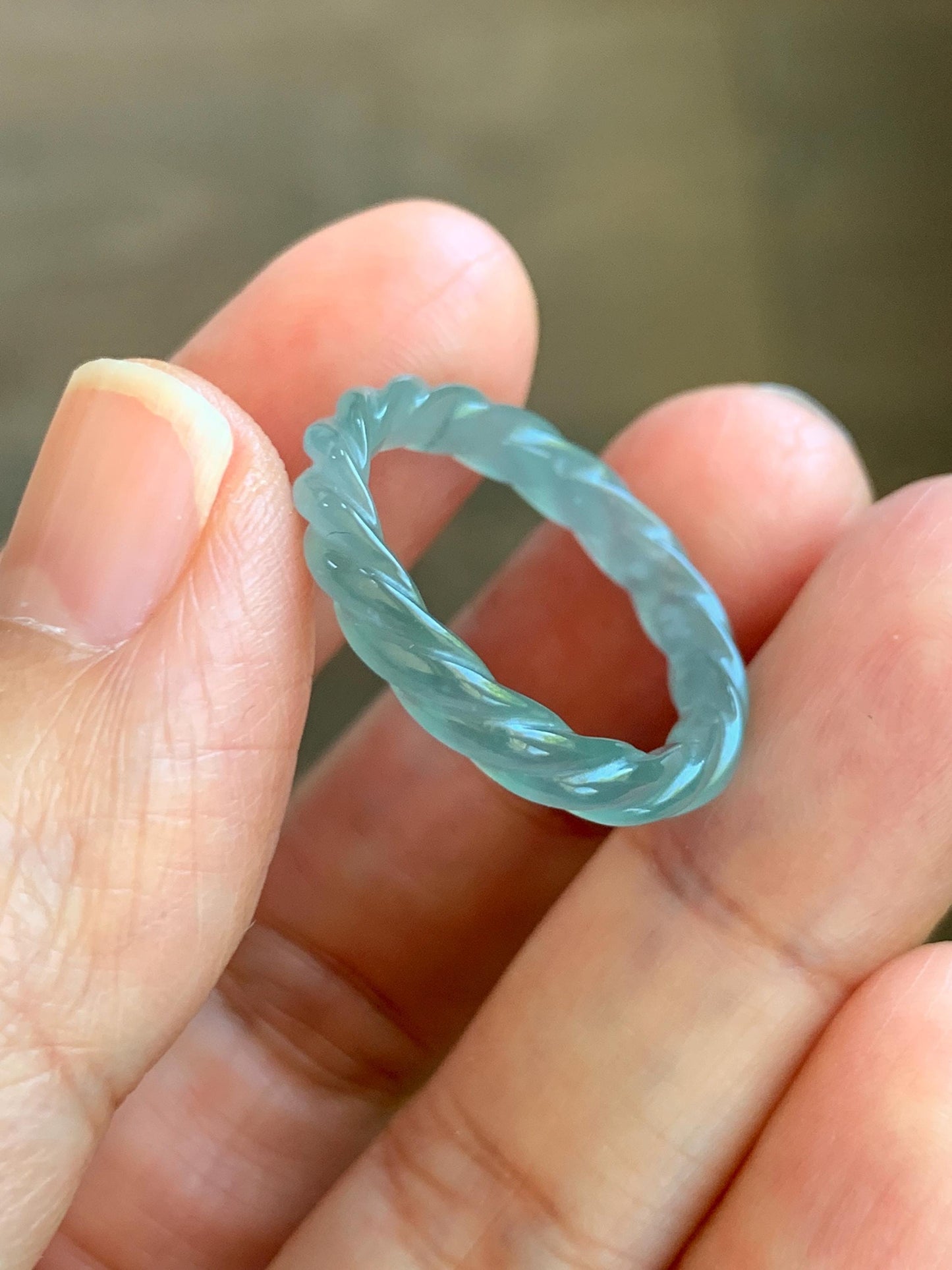 Natural Grade A Guatemalan Icy Highly Translucent Light Dusty Teal Jade Jadeite Carved Braid Band Ring Size 7.75 US 天然冰胶危浅蓝翡翠麻花戒圈 WMH350G