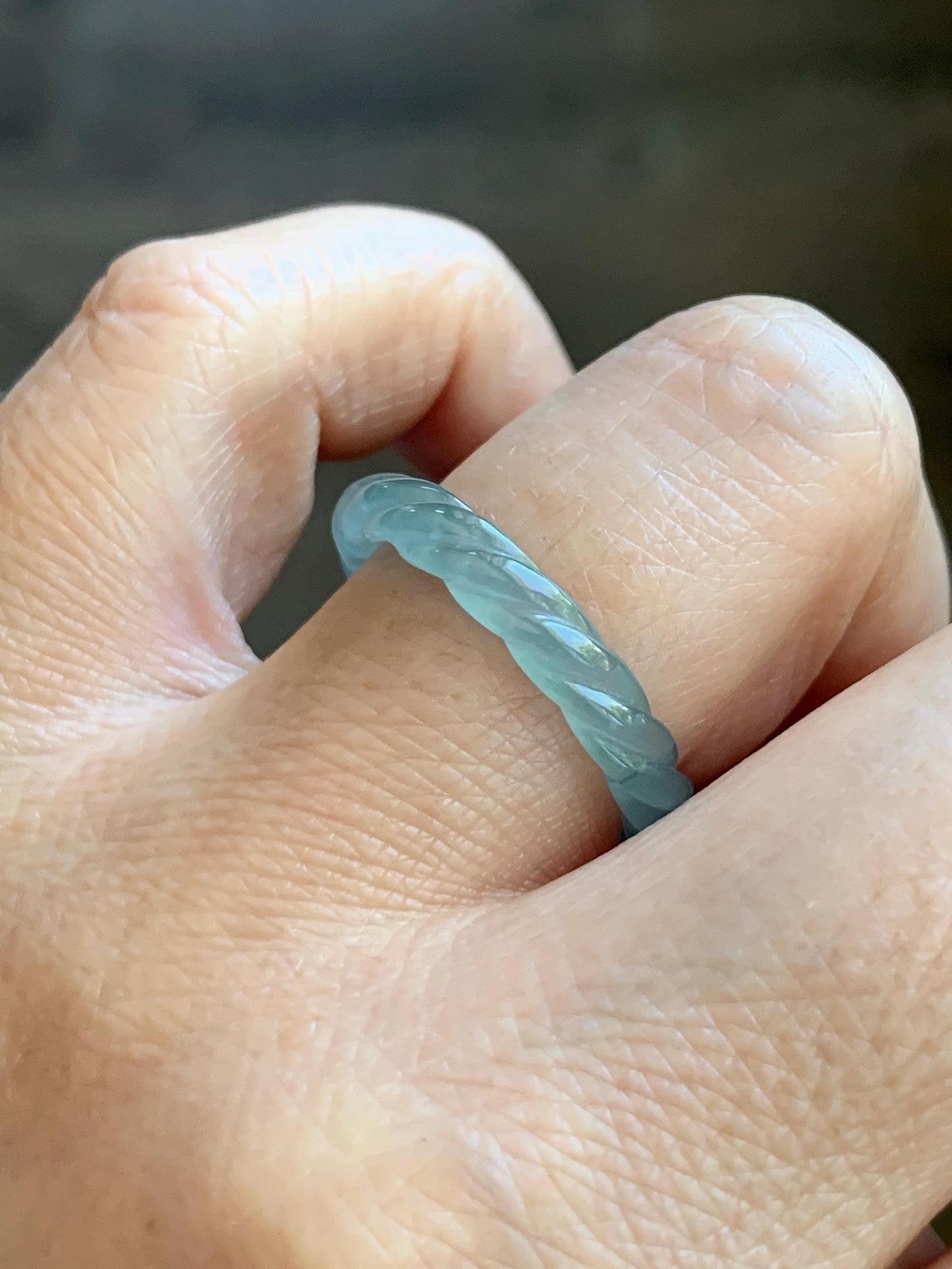 Natural Grade A Guatemalan Icy Highly Translucent Light Dusty Teal Jade Jadeite Carved Braid Band Ring Size 7.75 US 天然冰胶危浅蓝翡翠麻花戒圈 WMH350G