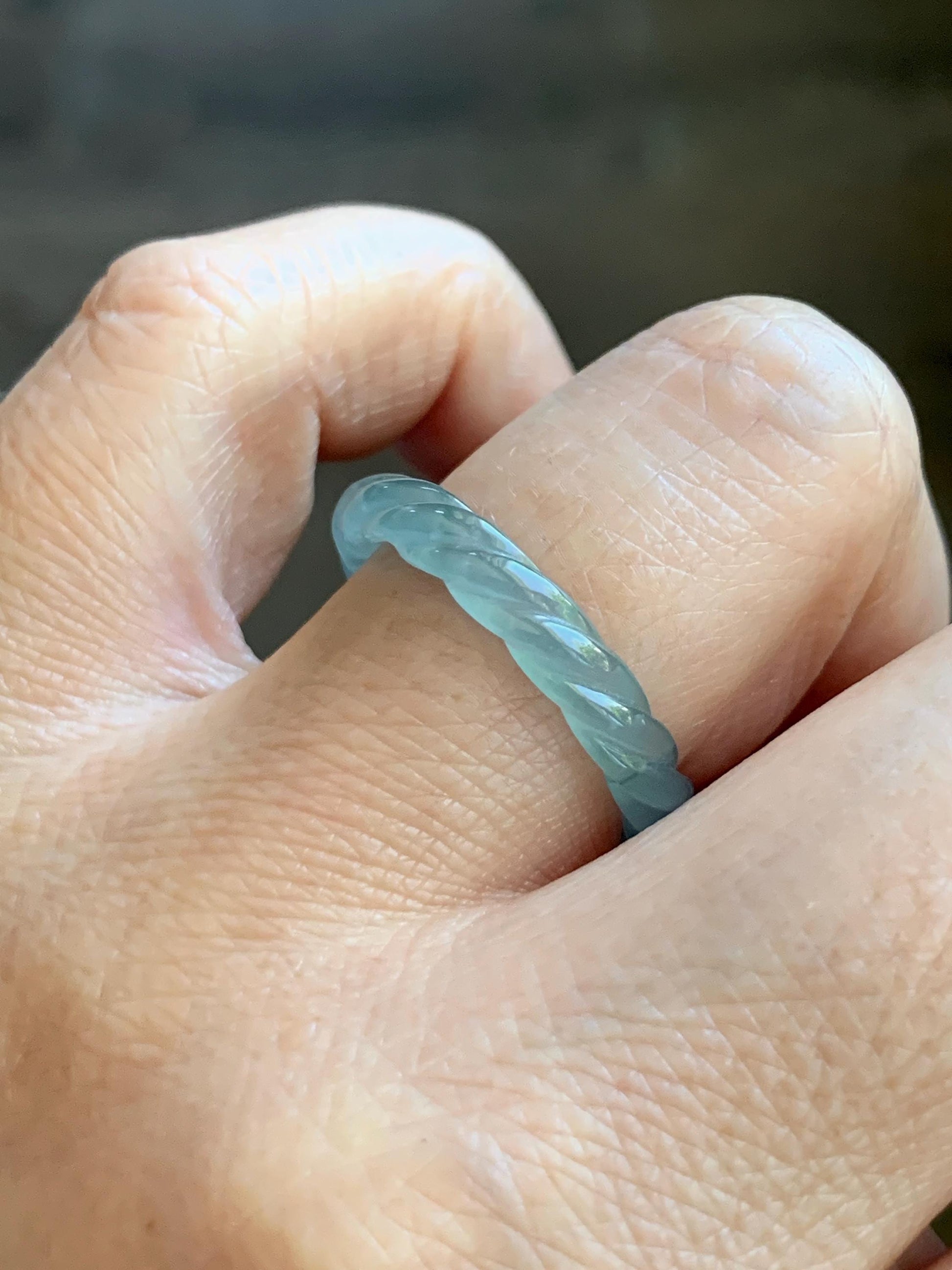Natural Grade A Guatemalan Icy Highly Translucent Light Dusty Teal Jade Jadeite Carved Braid Band Ring Size 7.75 US 天然冰胶危浅蓝翡翠麻花戒圈 WMH350G