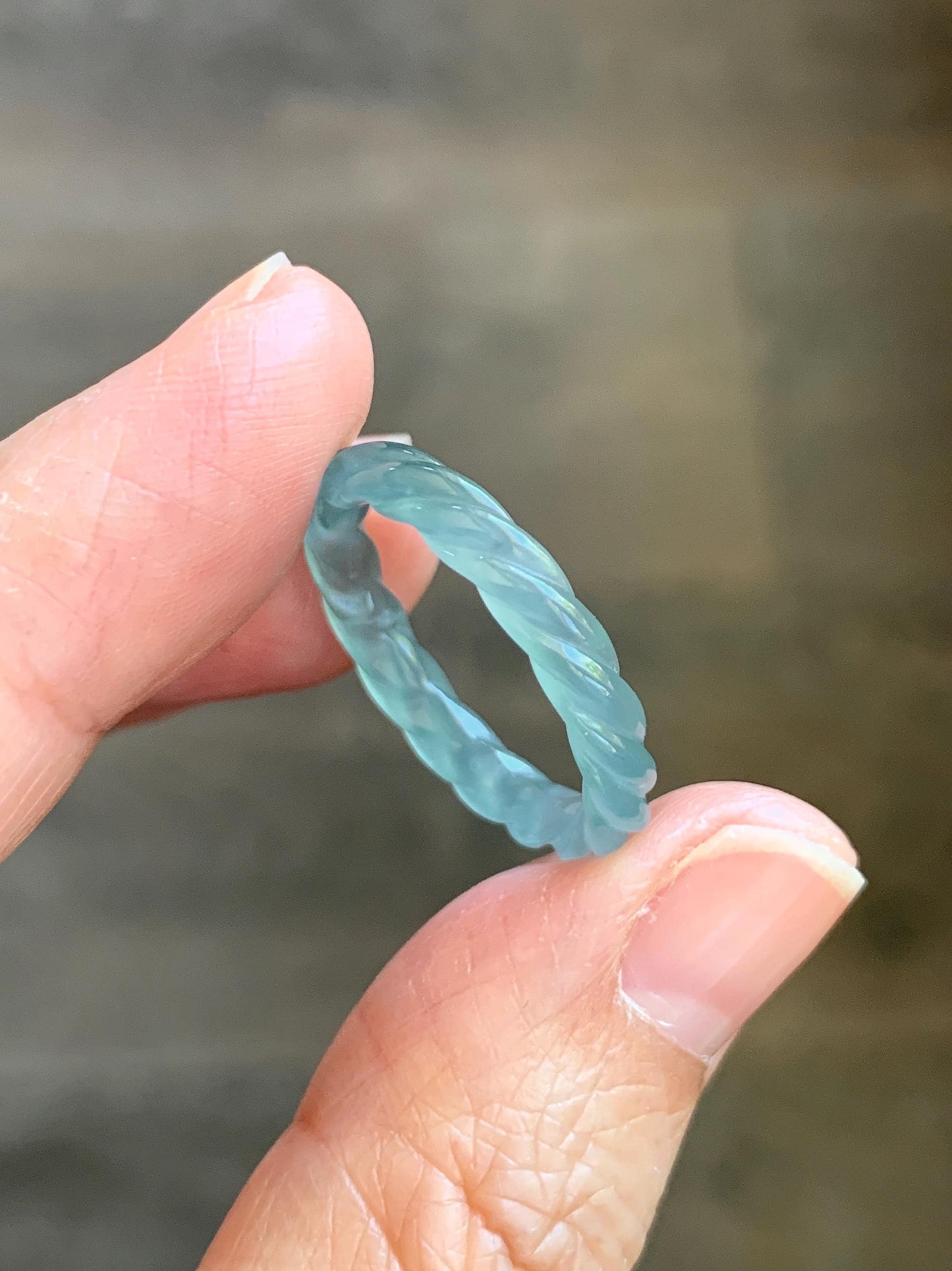 Natural Grade A Guatemalan Icy Highly Translucent Light Dusty Teal Jade Jadeite Carved Braid Band Ring Size 7.75 US 天然冰胶危浅蓝翡翠麻花戒圈 WMH350G