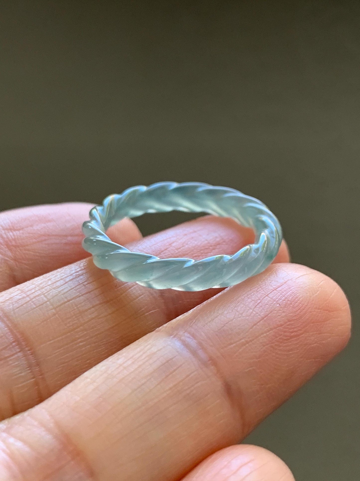 Natural Grade A Guatemalan Icy Highly Translucent Light Dusty Teal Jade Jadeite Carved Braid Band Ring Size 7.75 US 天然冰胶危浅蓝翡翠麻花戒圈 WMH350G
