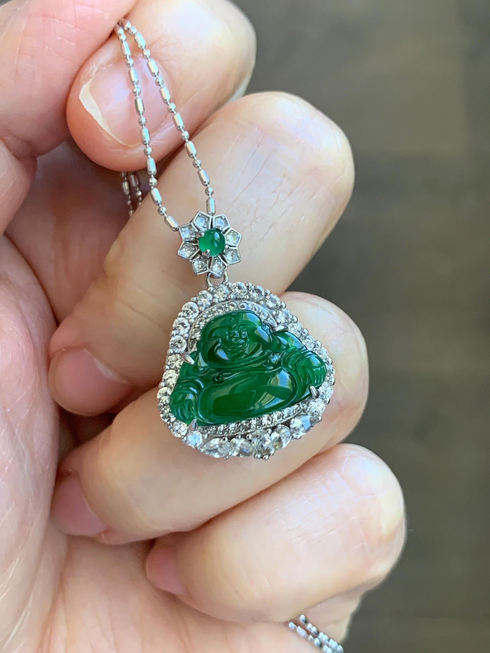 Certified Natural Grade A Guatemalan Icy Translucent Vibrant Green Jade Jadeite Buddha Pendant Sterling Silver 5.11g 天然冰危绿翡翠佛公吊坠 442
