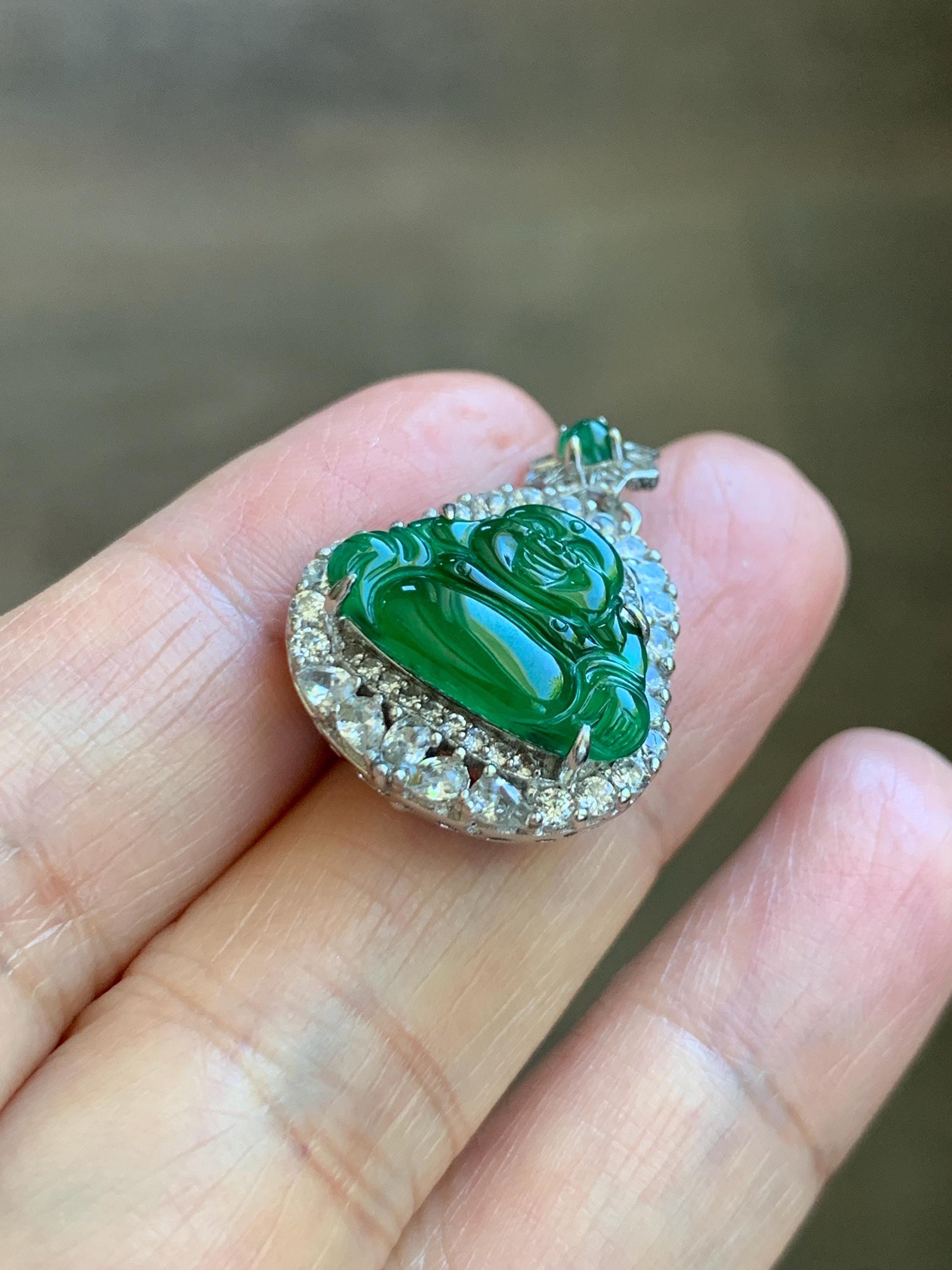 Certified Natural Grade A Guatemalan Icy Translucent Vibrant Green Jade Jadeite Buddha Pendant Sterling Silver 5.11g 天然冰危绿翡翠佛公吊坠 442